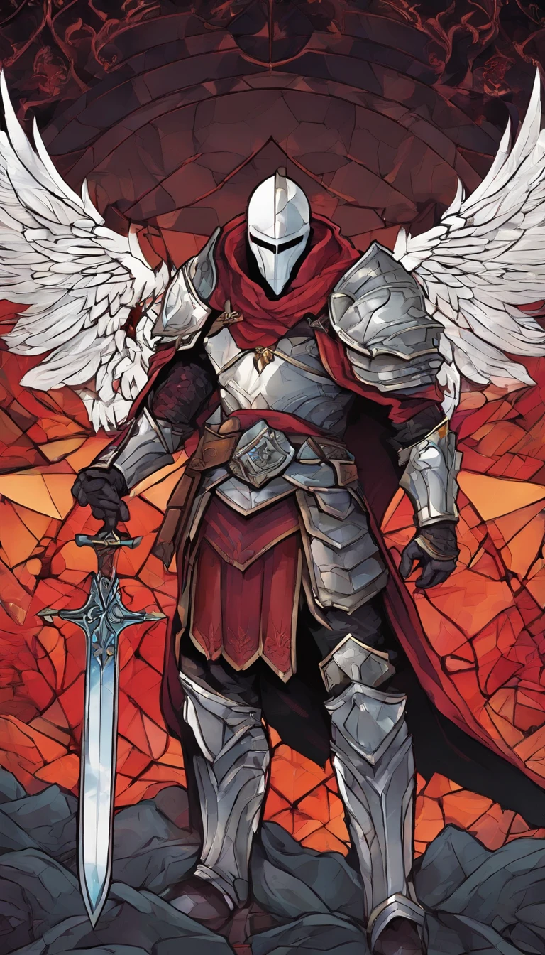 (portraite of a), ((beste-Qualit, hight resolution, ultradetailed), bright colours, 1 male, grown up, tall muscular guy, wide shoulders, Fantasy, dnd, Aasimar, person, the angel of death, with white wings, White Smooth Face Mask, ((face mask)), Mask on the whole face, Hides Eyes, hides the face, White long hair, white colored hair, slick hair, straight hair, Chain mail, chain mail armor, Fantasy armor, cinematic composition, Creating an atmospheric atmosphere, knight, paladin, PaladinOathbreaker, Gothic armor, Full-length portrait of a mysterious knight, Wearing heavy armor, pale skin, macabre, Gloomy design, Has red smoke and aura, evil knight, Fallen Knight, eldritch, Creepy, nightmarish, Epic Angel Wings, light around the head, red torn cloak, Additional lighting, whitebackground