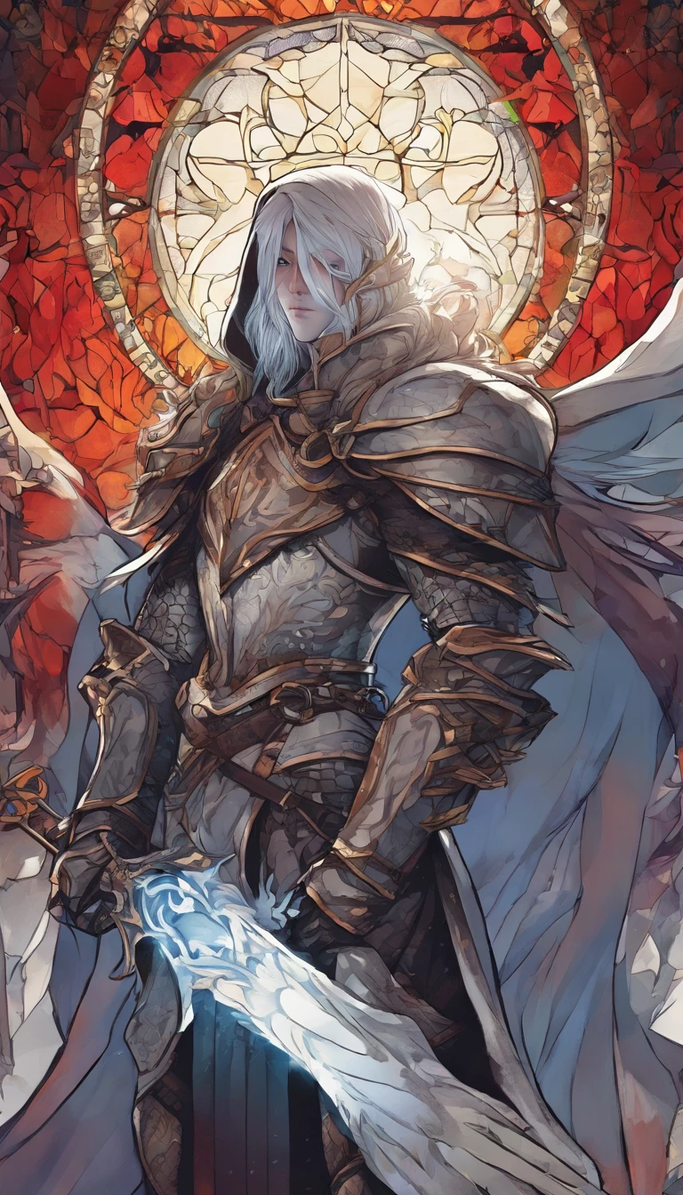 (portraite of a), ((beste-Qualit, hight resolution, ultradetailed), bright colours, 1 male, grown up, tall muscular guy, wide shoulders, Fantasy, dnd, Aasimar, person, the angel of death, with white wings, White Smooth Face Mask, ((face mask)), Mask on the whole face, Hides Eyes, hides the face, White long hair, white colored hair, slick hair, straight hair, Chain mail, chain mail armor, Fantasy armor, cinematic composition, Creating an atmospheric atmosphere, knight, paladin, PaladinOathbreaker, Gothic armor, Full-length portrait of a mysterious knight, Wearing heavy armor, pale skin, macabre, Gloomy design, Has red smoke and aura, evil knight, Fallen Knight, eldritch, Creepy, nightmarish, Epic Angel Wings, light around the head, red torn cloak, Additional lighting, whitebackground
