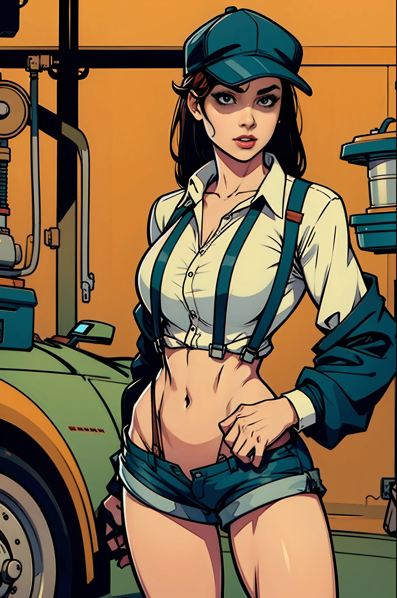 female mechanic wearing suspenders and shorts