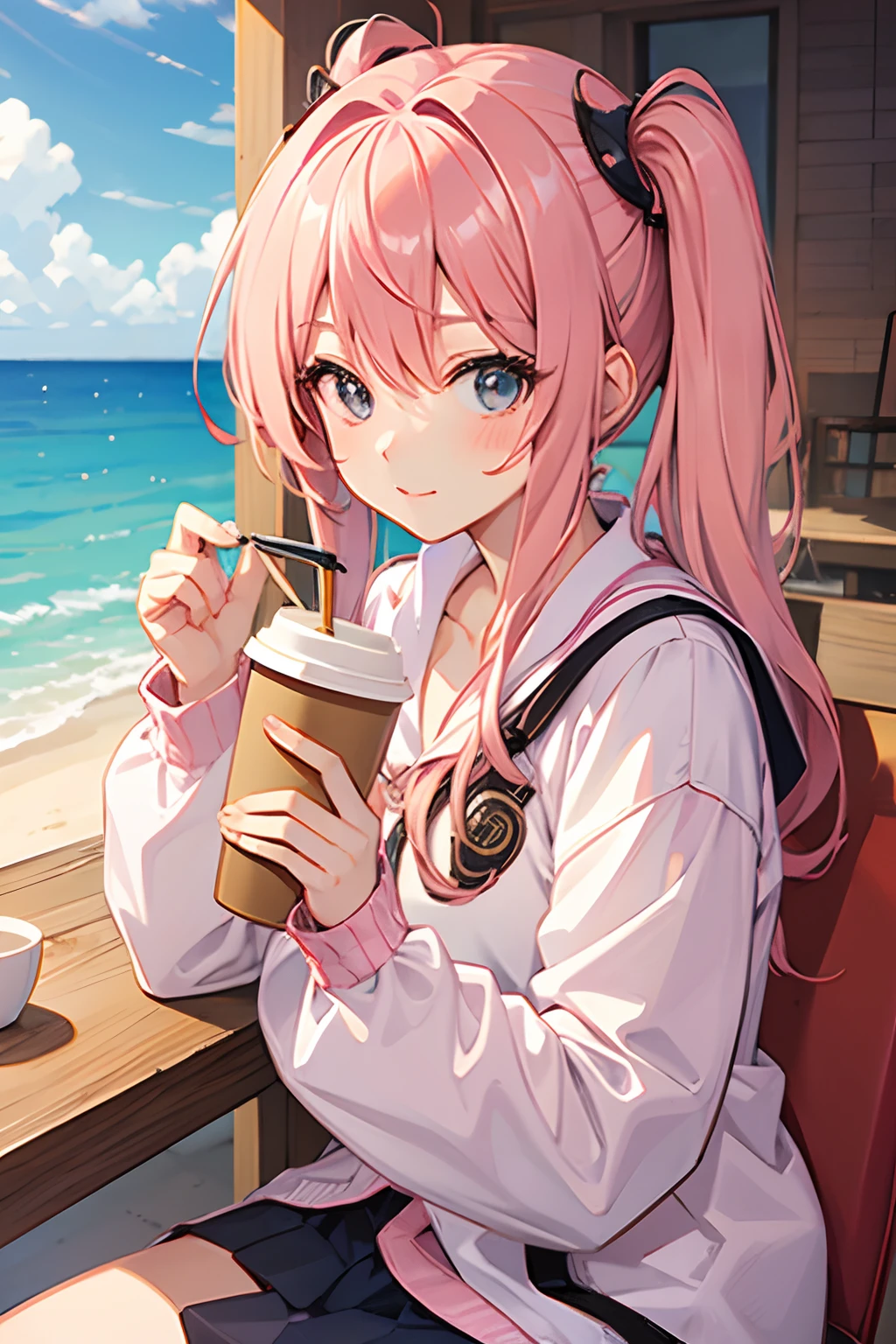 cute anime girl with pink hair drinking coffee