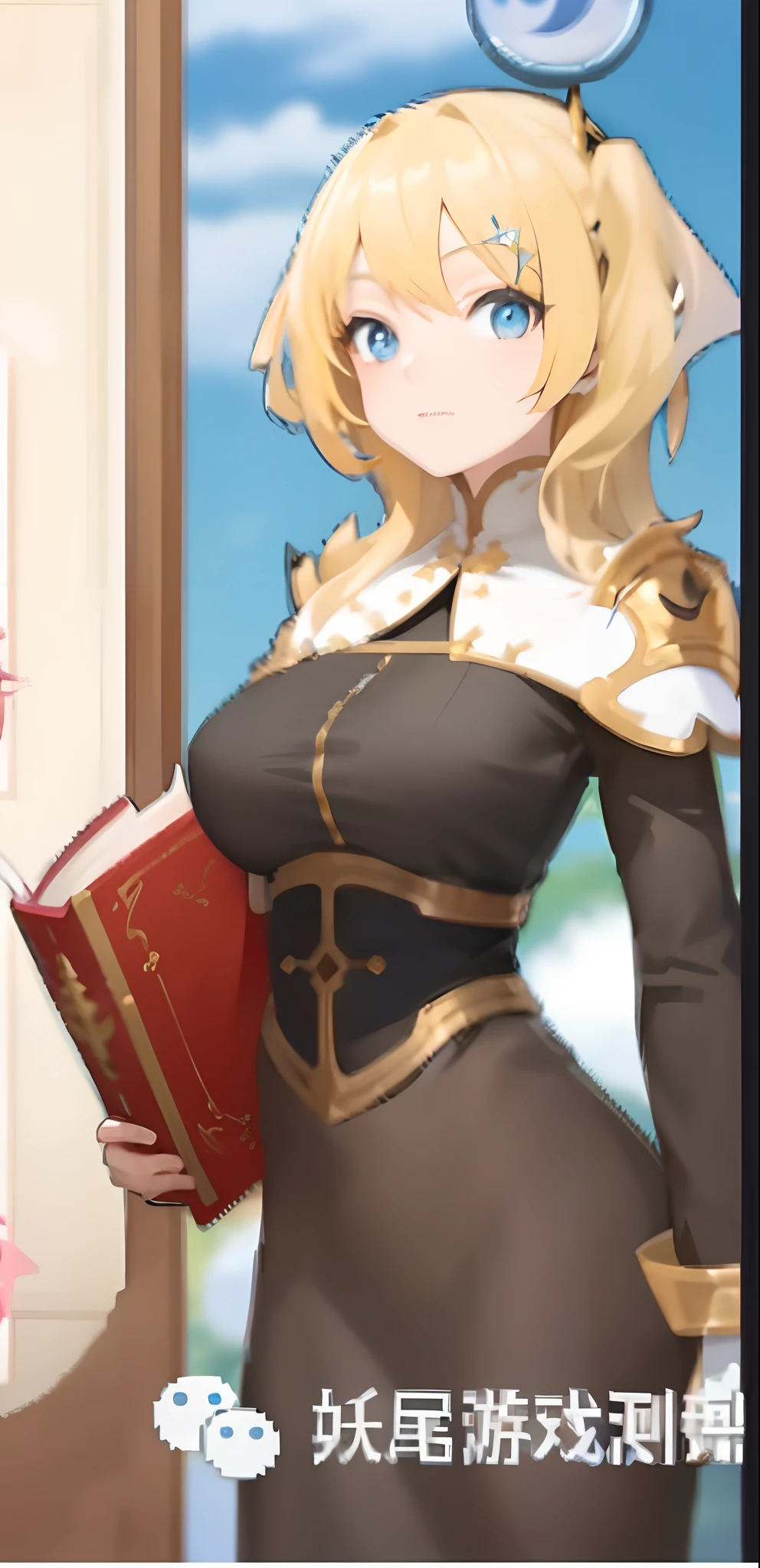 Anime girl with blonde hair and blue eyes holding a book, inspired by Li Chevalier, Kushatt Krenz Key Art Women, Portrait Chevaliers du Zodiaque Fille, Ayaka Genshin impact, pretty female cleric, rpg book portrait, Artoria Pendragon, full portrait of elementalist, crisp clear rpg portrait, fullbody rpg portrait, marisa kirisame