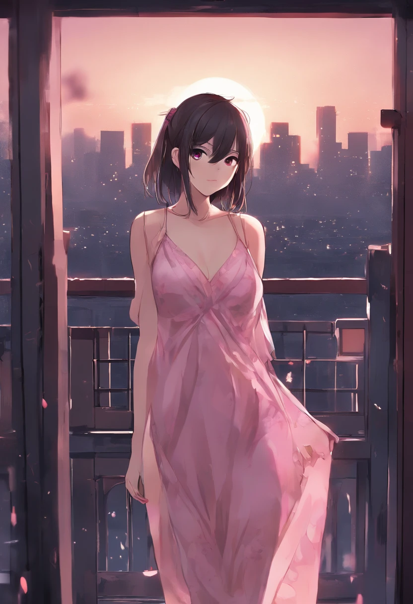 8k, masterpiece, RAW photo, best quality, photorealistic, extremely detailed CG unity 8k wallpaper, Depth of field, Cinematic Light, Lens Flare, Ray tracing, (extremely beautiful face, beautiful lips, beautiful eyes), intricate detail face, ((ultra detailed skin)) 1girl, in the dark, deep shadow, pretty Asian girl, idol,(very slim slender fit-muscled body:1.3), ((looking at viewer)),(big smile:1.3), (cityscape, blurry background), (dim lights, rooftops, veranda), pretty girl, earrings, bracelets, necklace, clear eyes, walking , front shot, (pale skin), face forward, (big eyes), ((full body shot)), ((black silk Laced)), ((see-through red color sleep gown:1.3)), (brown hairs) (looking at viewer:1.3), (laced panty), open breast, medium breasts, have a sheen , (See through, pink sleeping gown :1.3), veranda