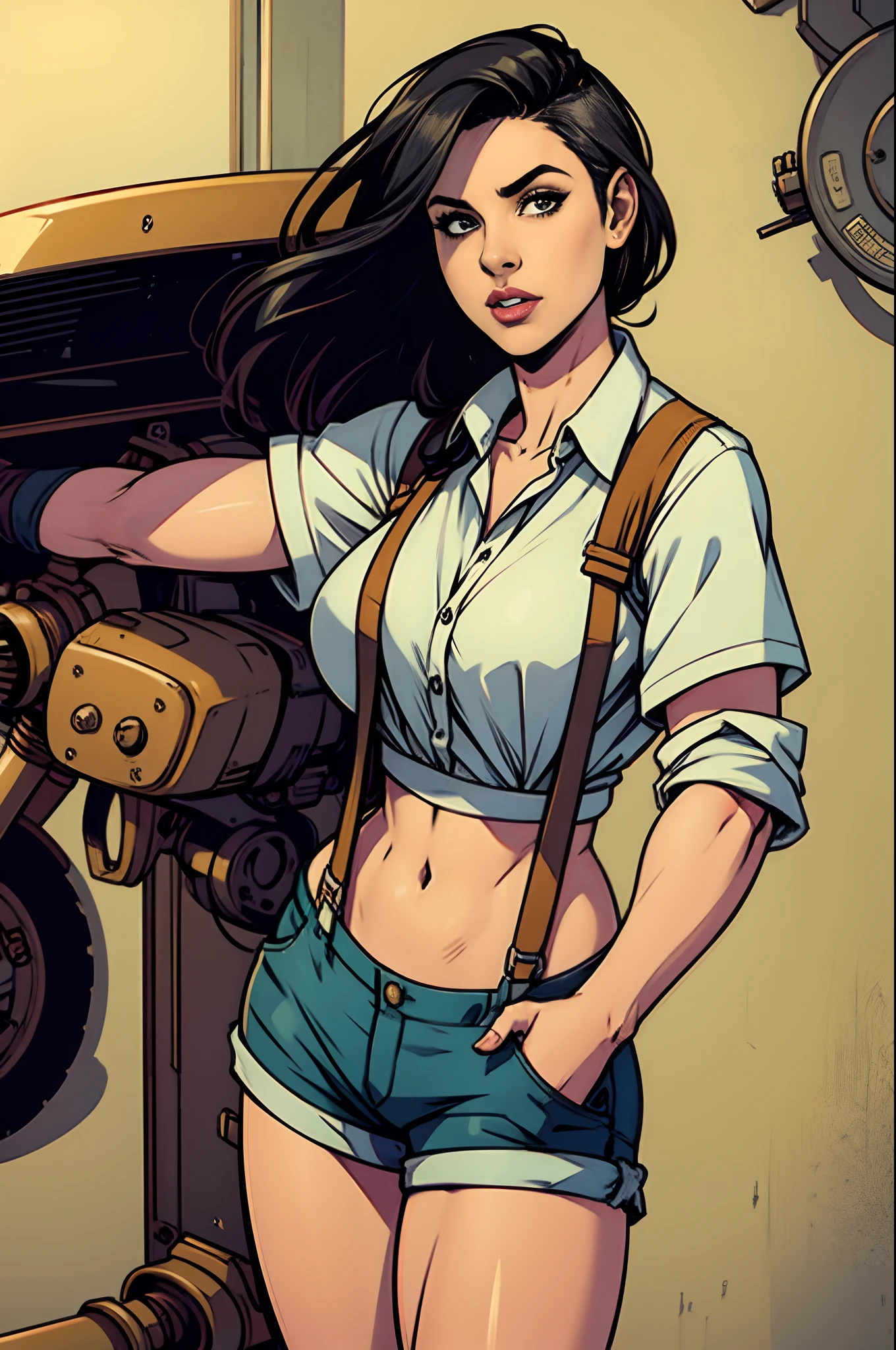 female mechanic wearing suspenders and shorts