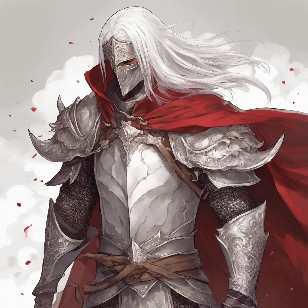 (portraite of a), ((beste-Qualit, hight resolution, ultradetailed), bright colours, 1 male, grown up, tall muscular guy, wide shoulders, Fantasy, dnd, Aasimar, person, the angel of death, with white wings, White Smooth Face Mask, ((face mask)), Mask on the whole face, Hides Eyes, hides the face, White long hair, white colored hair, slick hair, straight hair, Chain mail, chain mail armor, Fantasy armor, cinematic composition, Creating an atmospheric atmosphere, knight, paladin, PaladinOathbreaker, Gothic armor, Full-length portrait of a mysterious knight, Wearing heavy armor, pale skin, macabre, Gloomy design, Has red smoke and aura, evil knight, Fallen Knight, eldritch, Creepy, nightmarish, Epic Angel Wings, light around the head, red torn cloak, Additional lighting, whitebackground