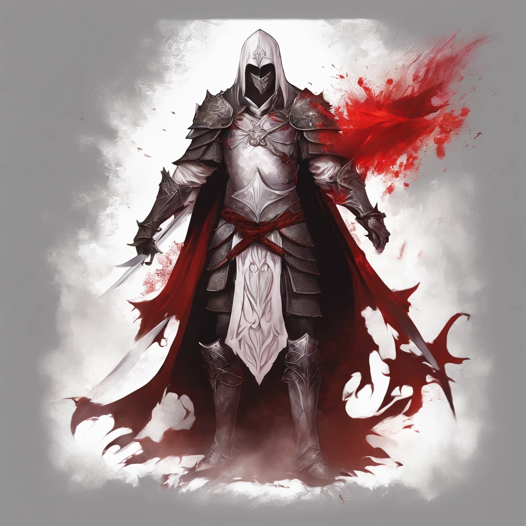 (portraite of a), ((beste-Qualit, hight resolution, ultradetailed), bright colours, 1 male, grown up, tall muscular guy, wide shoulders, Fantasy, dnd, Aasimar, person, the angel of death, with white wings, White Smooth Face Mask, ((face mask)), Mask on the whole face, Hides Eyes, hides the face, White long hair, white colored hair, slick hair, straight hair, Chain mail, chain mail armor, Fantasy armor, cinematic  composition, Creating an atmospheric atmosphere, knight, paladin, PaladinOathbreaker, Gothic armor, Full-length portrait of a mysterious knight, Wearing heavy armor, pale skin, macabre, Gloomy design, Has red smoke and aura, evil knight, Fallen Knight, eldritch, Creepy, nightmarish, Epic Angel Wings, light around the head, red torn cloak, Additional lighting, whitebackground
