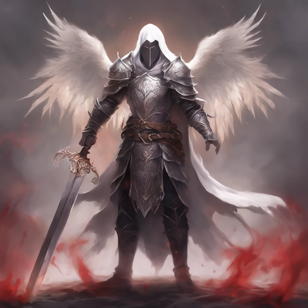 (portraite of a), ((beste-Qualit, hight resolution, ultradetailed), bright colours, 1 male, grown up, tall muscular guy, wide shoulders, Fantasy, dnd, Aasimar, person, the angel of death, with white wings, White Smooth Face Mask, ((face mask)), Mask on the whole face, Hides Eyes, hides the face, White long hair, white colored hair, slick hair, straight hair, Chain mail, chain mail armor, Fantasy armor, cinematic  composition, Creating an atmospheric atmosphere, knight, paladin, PaladinOathbreaker, Gothic armor, Full-length portrait of a mysterious knight, Wearing heavy armor, pale skin, macabre, Gloomy design, Has red smoke and aura, evil knight, Fallen Knight, eldritch, Creepy, nightmarish, Epic Angel Wings, light around the head, red torn cloak, Additional lighting, whitebackground