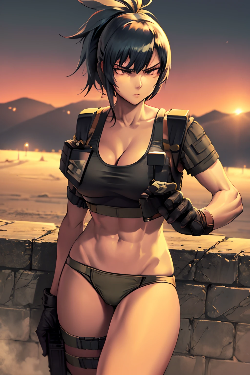 sport bra and panty, serious, dominant, seductive, sexy, military, desert. Cammo, Tactical. Armor, bulletproof vest.