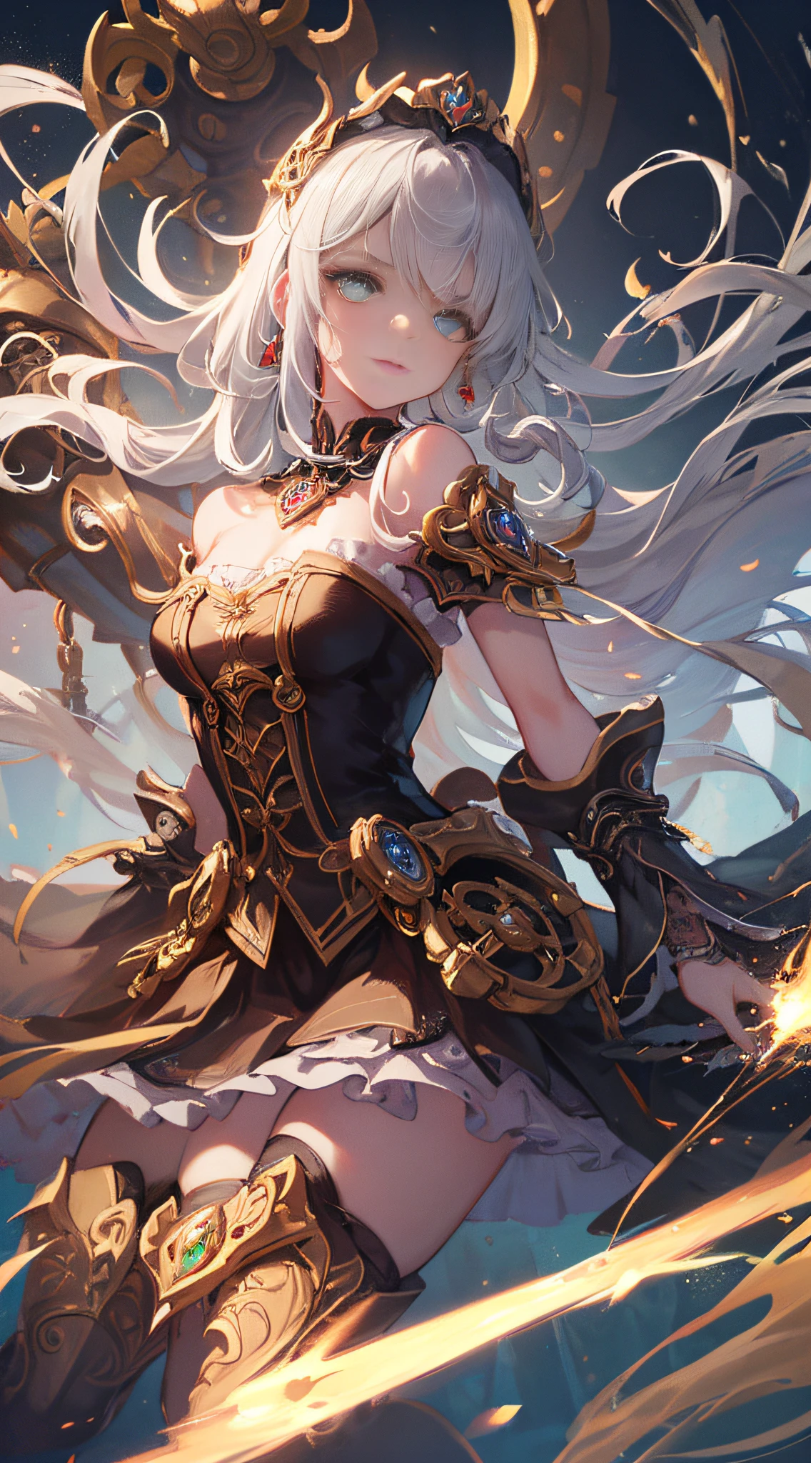 Wizard girl. 
(((masterpiece, best quality, raw photo, photorealistic, depth of field, ultra detailed, detailed face, very precise eyes))), Dynamic Action Pose, Invoke Magic, Mechanical Magic Weapons,  very slender long legs, lace stockings on the knee, steampunk headgear, fluttering lace flared mini skirt, off-shoulder fashion with a fusion of detailed and intricate steampunk and detailed gothic ta, upward and beautiful small breasts, Clean long silver hair, long vertical curly hair, wind driven, futuristic complex steampunk factory background, infinite dark universe, flying celestial bodies, countless celestial neon lights raining down from the heavens, cinematic lighting decoration.