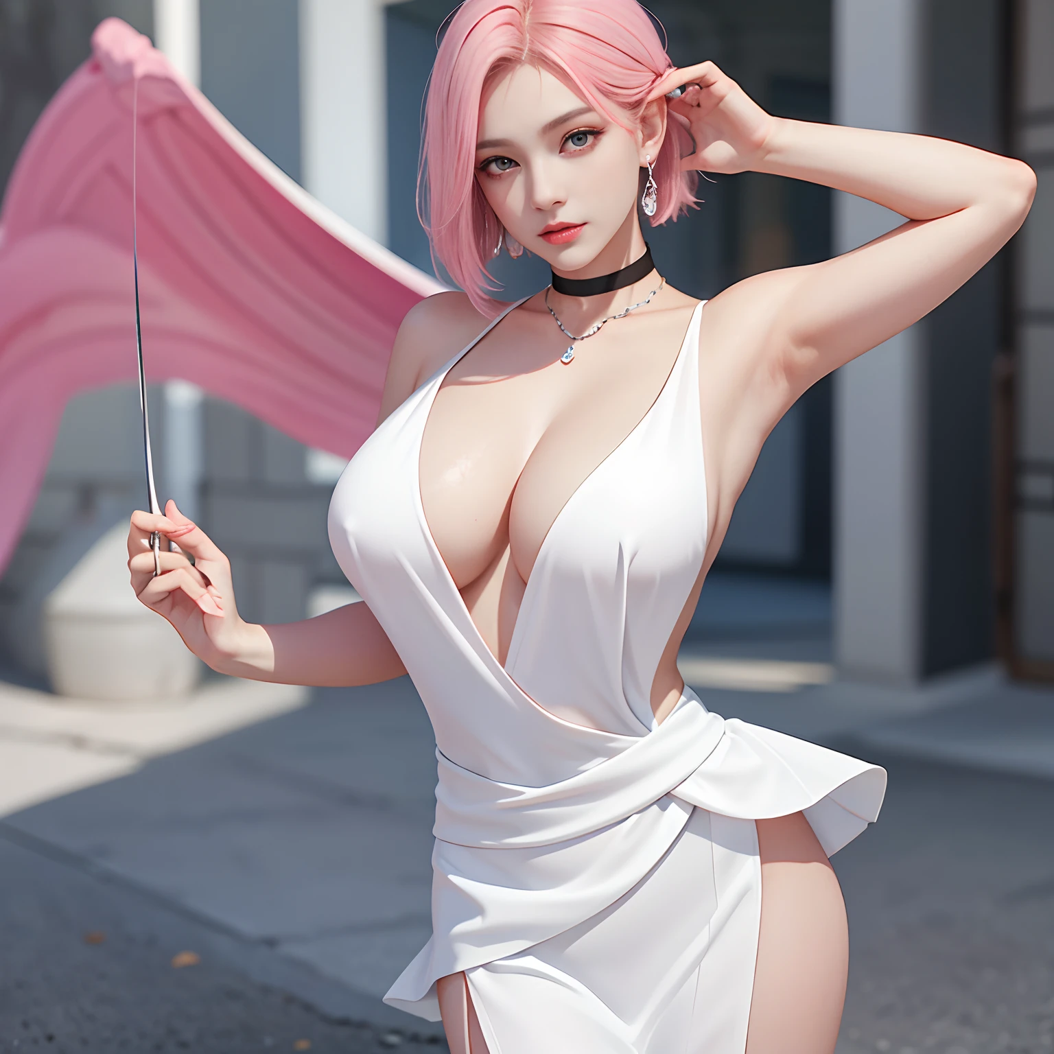 (Masterpiece, Best quality, 1girll, Solo, exquisitedetails, color difference), realisticlying, ((Medium breath)), short detailed hair, A pink-haired, Pink highlighted, Hair above one eye, Black eyes, 耳Nipple Ring, Sharp eyes，choker necklace，white apparel，White dress，a skirt（symetrical eyes），（Perfectly symmetrical body），frontage，huge tit，The upper part of the body，Do not cover your head，with fair skin，Good looking girl，Model the face，Real Human，Realistic effects，3D modeling