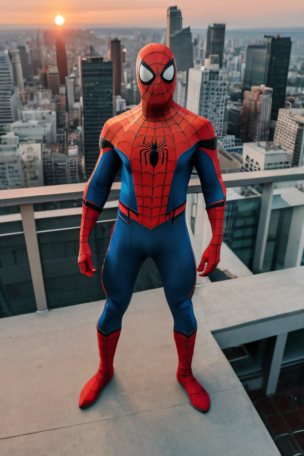 realistic, high detail, 8k, 1man, shot from above, VPL, 17 years old, spider-man costume, mask, muscular, slim muscular standing, look at viewer, full body shot, high rooftop building background, sunset, warm color