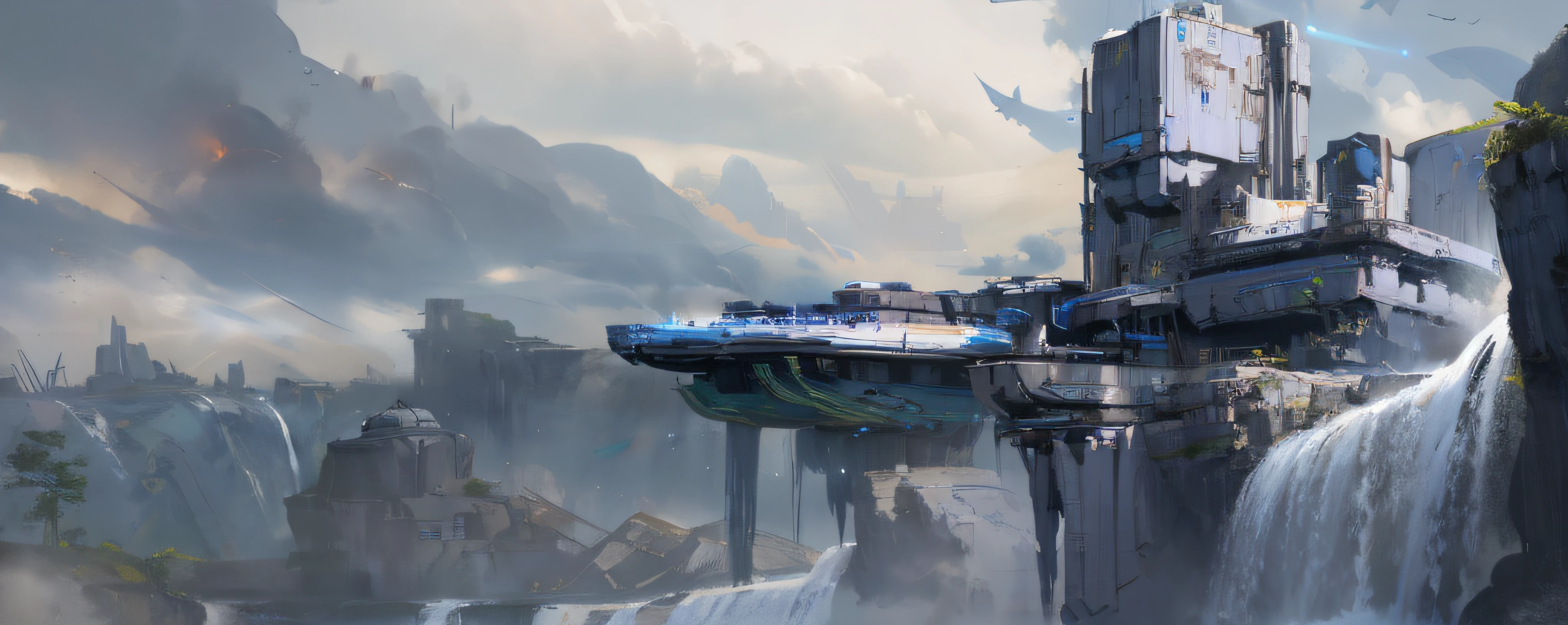 There is a large waterfall,There was a bridge and a helicopter flying over it, Futuristic outpost building, concept art futuristic norse, highly realistic concept art, Destiny concept art, star citizen concept art, matte painting of steam machines, matte painting concept art, futuristic base, matte painting with high detail, concept-art , highly rendered, concept art 8 k, stunning concept art