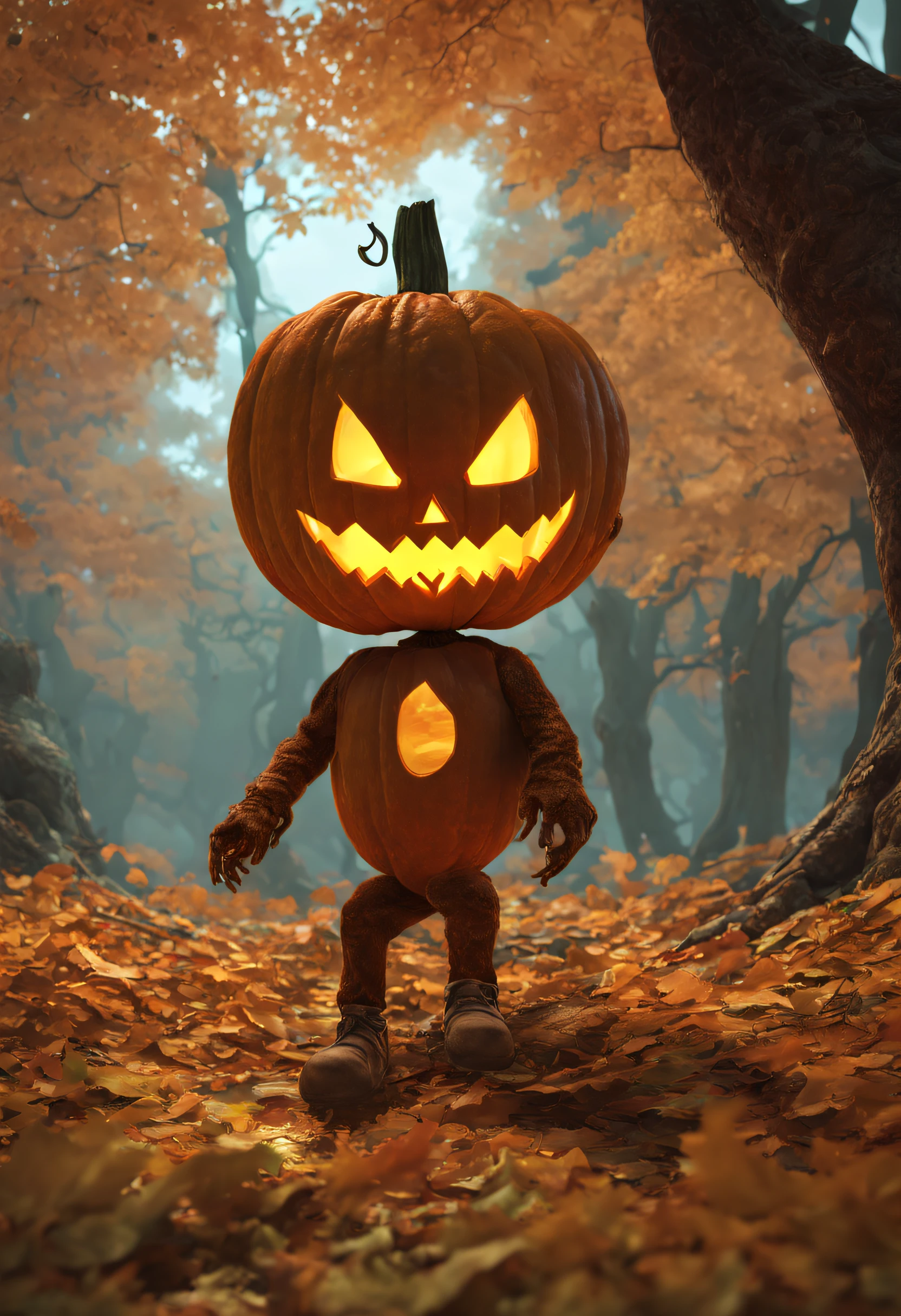 jack-o-lantern anthropomorphic, gloomy, Cheiron Crush, illustration, ultra wide-angle, Octane rendering, Faded, items, psychedelic colors, surrealism, Museum lighting, Ultra-realistic, highly detailed, natural lighting, forest environment, Unreal engine, 8k