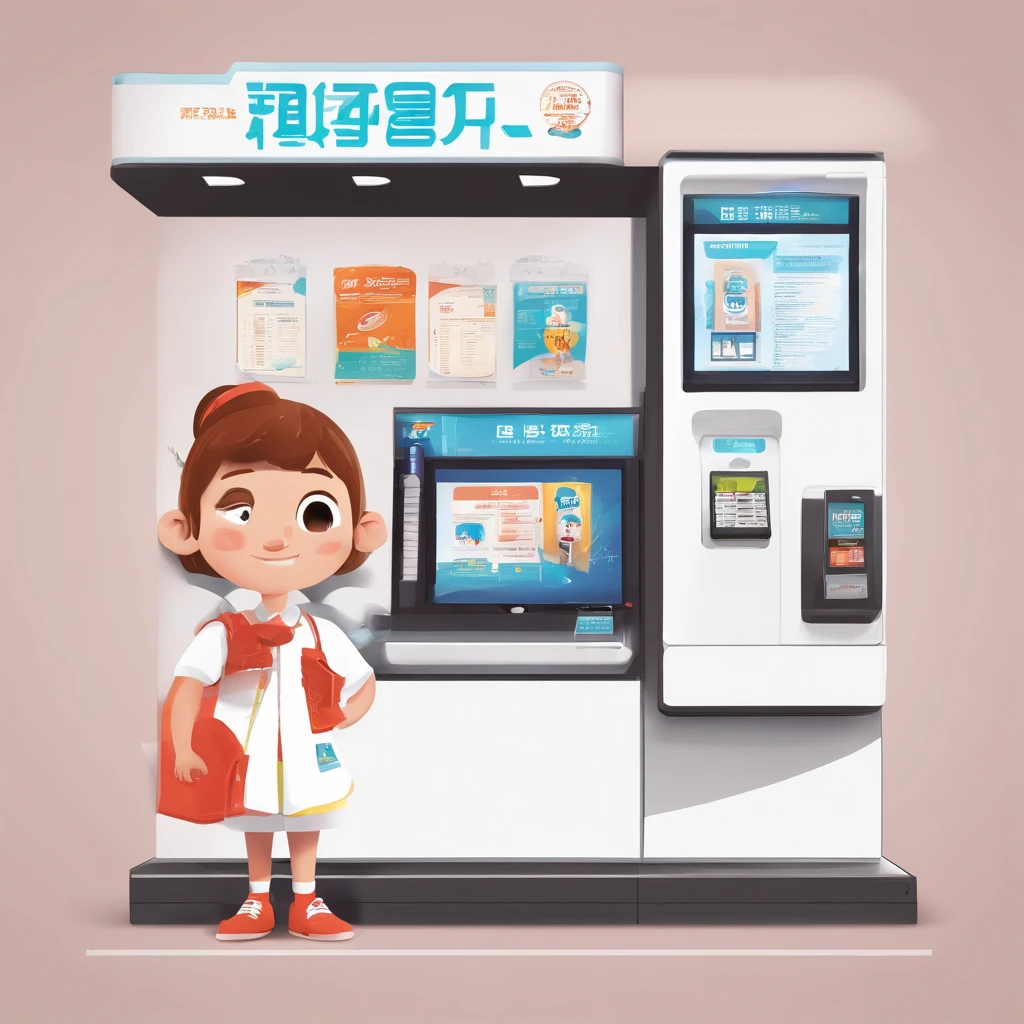 Promotion poster,A white background, cute cartoon characters, one character holding a POS machine, text "Fast development,The exhibition industry is one step ahead"(Do not change).