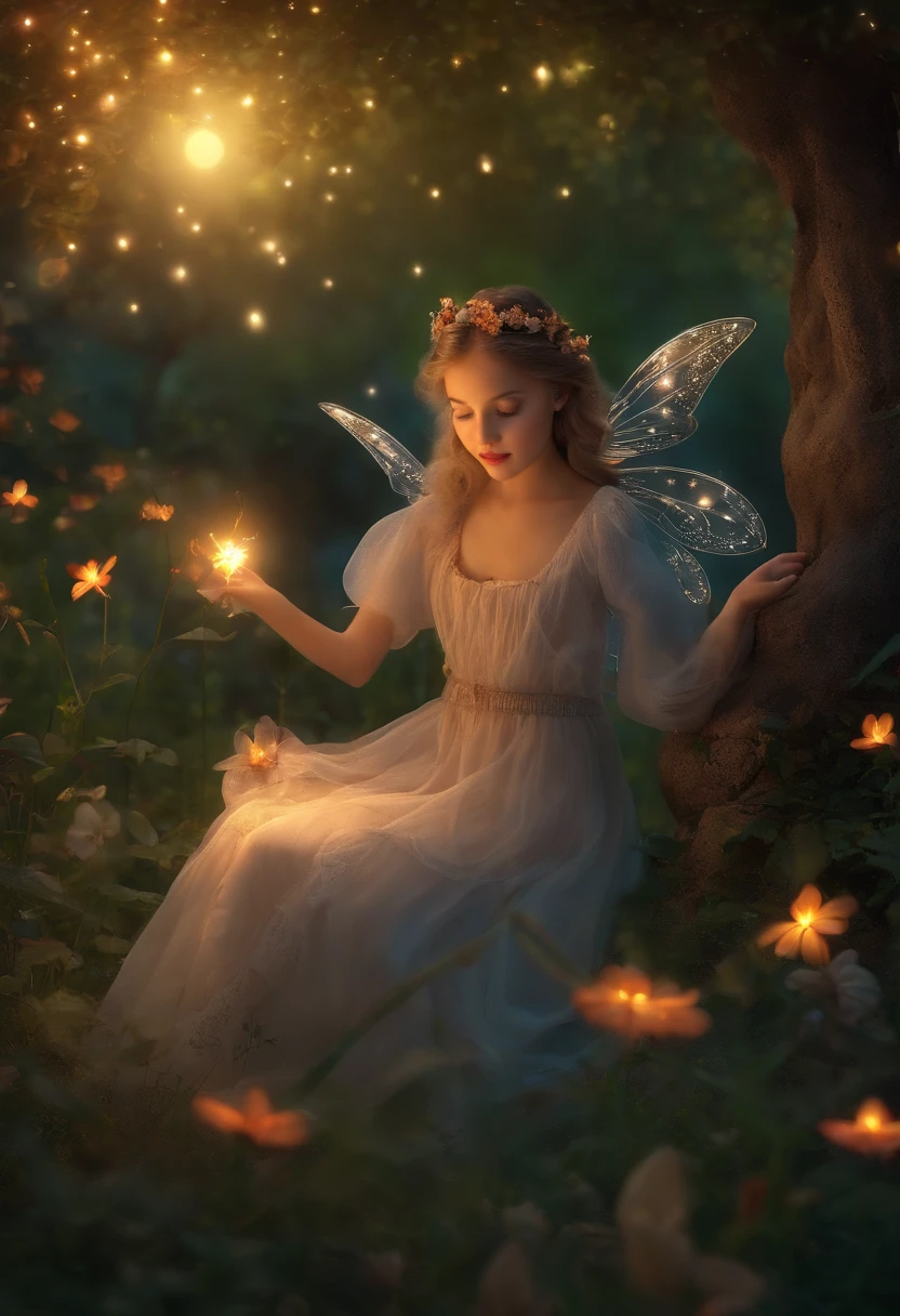 In the middle of a charming garden,Glowing fairies and shining fireflies dance to the gentle sound of the moon.