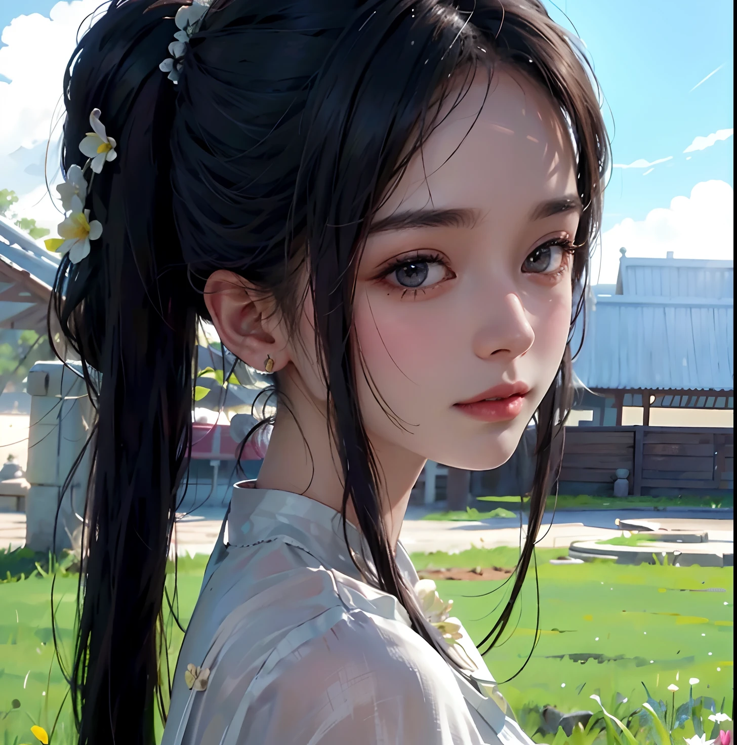 photorealistic, high resolution, soft light,1women, smirk, solo, hips up, shining skin, (detailed face),jewelry, rainbow color Hair, white_dress flower field,(dynamic angle:1.1),vivid,Soft and warm color palette, delicate brushwork, evocative use of light and shadow, wide shot,subtle details in the wilting flowers,high contrast,color contrast,