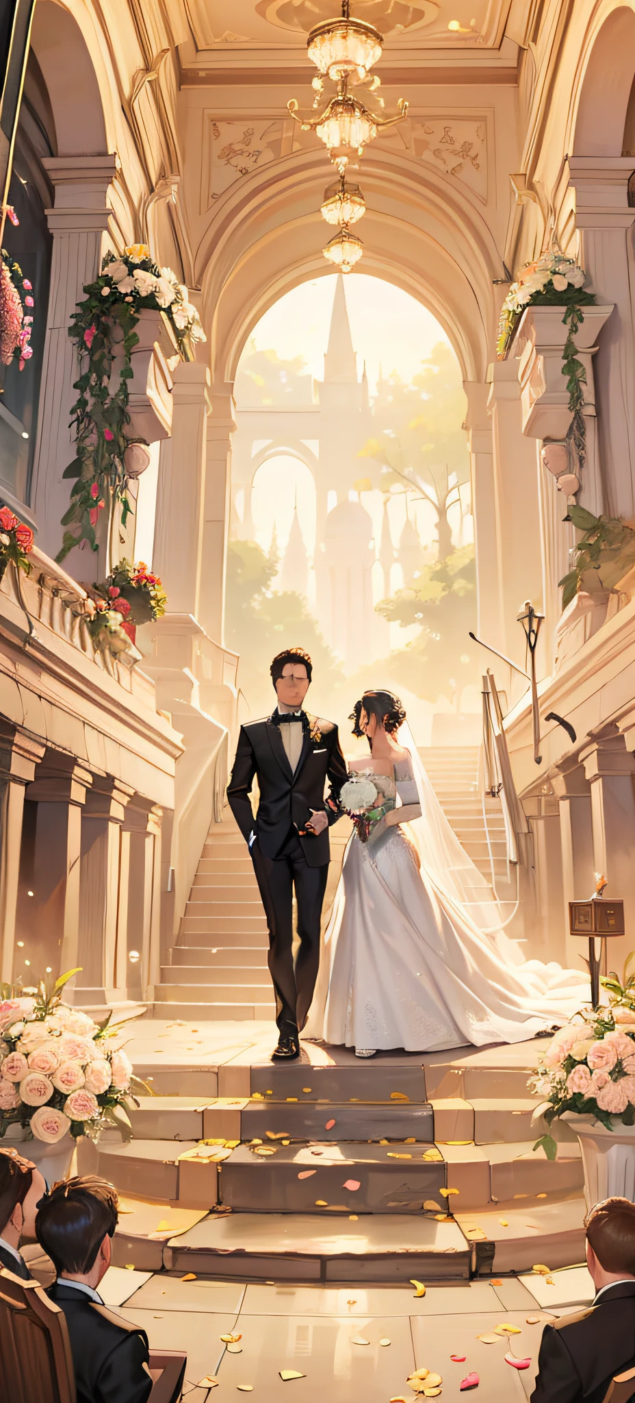 A man in a black suit leads a woman in a wedding dress,At the wedding site,There are masses around,Main stage,There are also people on the second floor,A high resolution,4K