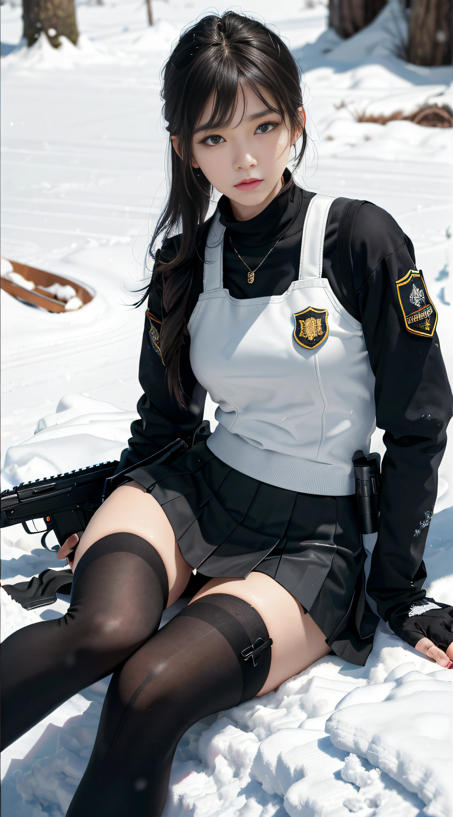 ((Best quality)), (Masterpiece), Photorealistic, Photorealism, A girl lies down and aims with an AK-47 assault rifle, Mini skirt, (upper legs), Photorealistic, high resolution,Snow background, looking to the camera, (Detailed face), Black hair, SWAT vests, Gun, jewelry,Black gloves,, Fingers are occluded