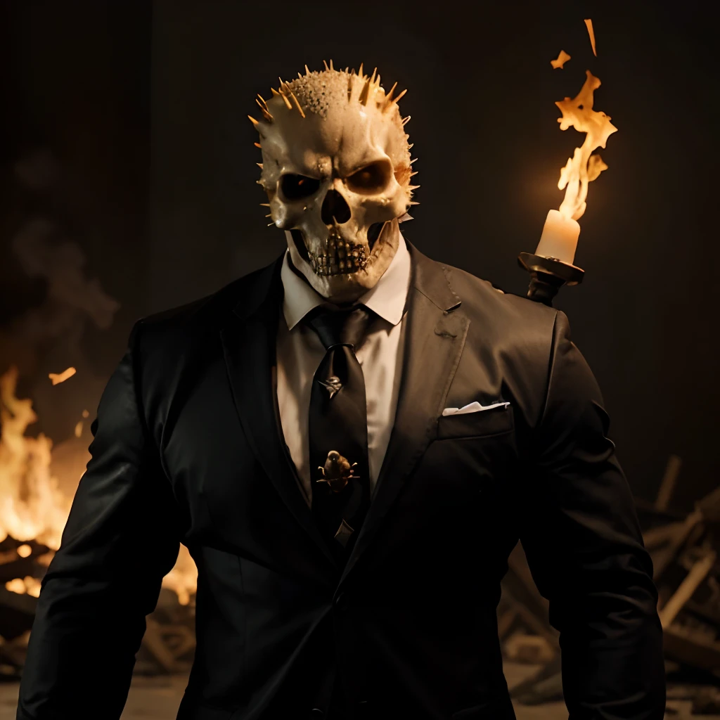 Ghost rider , muscled with huge pecs , hugge torso , huge arms , with a skull head like  with fire , in suit with a tie ans spikes