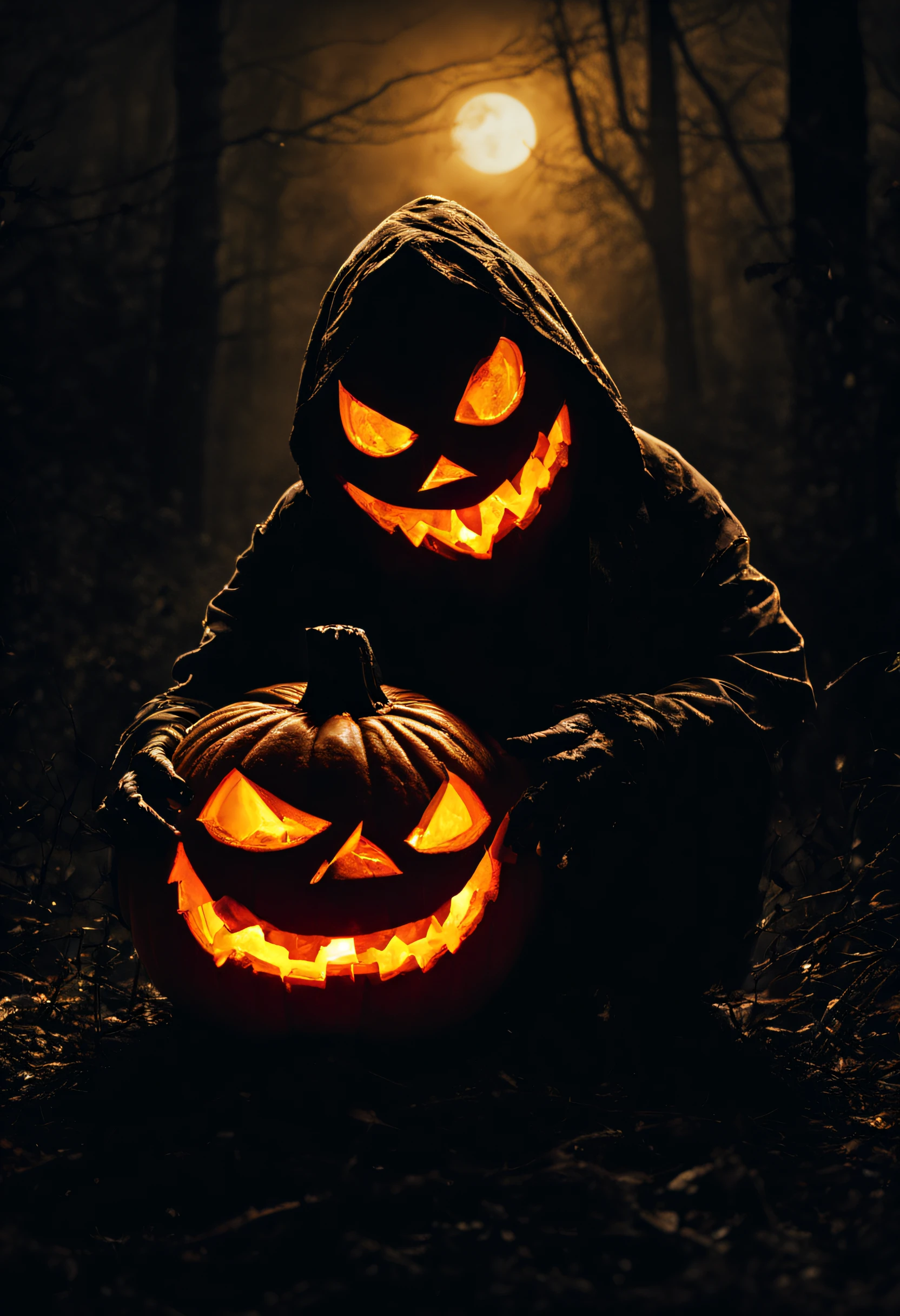IMAGE_TYPE: Photo Manipulation GENRE: Horror DESCRIPTION: A spine-tingling photo manipulation brings to life a horrifying anthropomorphic Jack-o'-lantern in the midst of a sinister and dark night. The image is bathed in eerie, moonlit light, revealing the malevolent creature's menacing grin and glowing eyes. It's a nightmarish scene that embodies the essence of Halloween horror. EMOTION: Dread SCENE: Moonlit and ominous night ACTORS: The menacing anthropomorphic Jack-o'-lantern LOCATION TYPE: Haunted night CAMERA MODEL: Digital camera CAMERA LENS: Specialized horror lens SPECIAL EFFECTS: Haunting lighting, chilling ambiance, and an aura of fear. TAGS: Horror, Terrifying, Halloween, Night