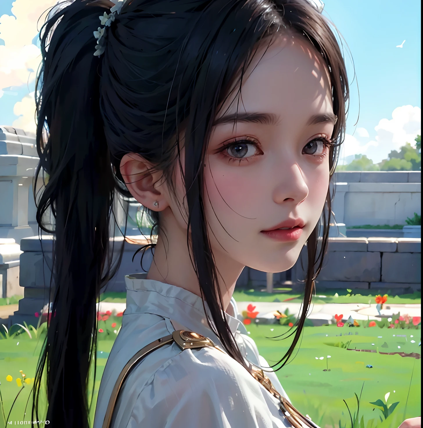 photorealistic, high resolution, soft light,1women, smirk, solo, hips up, shining skin, (detailed face),jewelry, rainbow color Hair, white_dress flower field,(dynamic angle:1.1),vivid,Soft and warm color palette, delicate brushwork, evocative use of light and shadow, wide shot,subtle details in the wilting flowers,high contrast,color contrast,