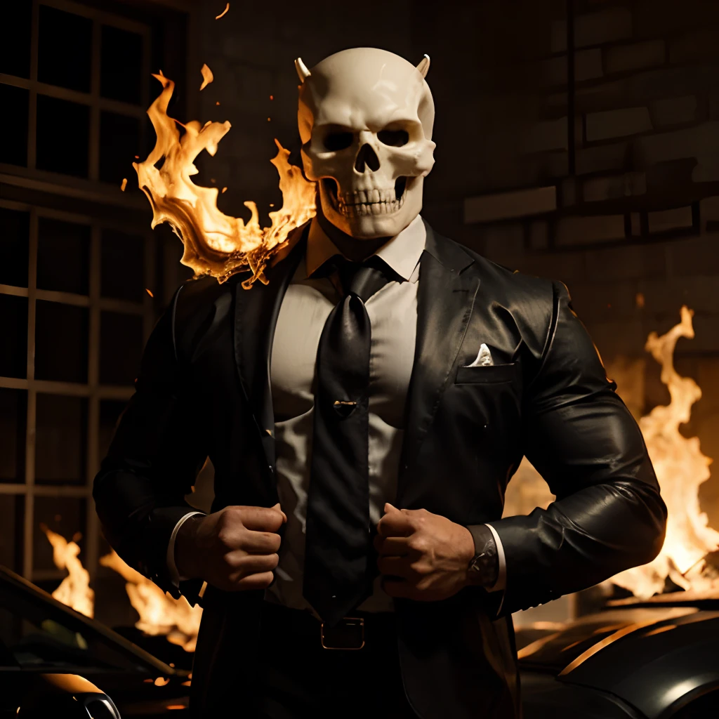 Ghost rider , muscled with huge pecs , hugge torso , huge arms , with a skull head like with fire , in suit with a tie ans spikes