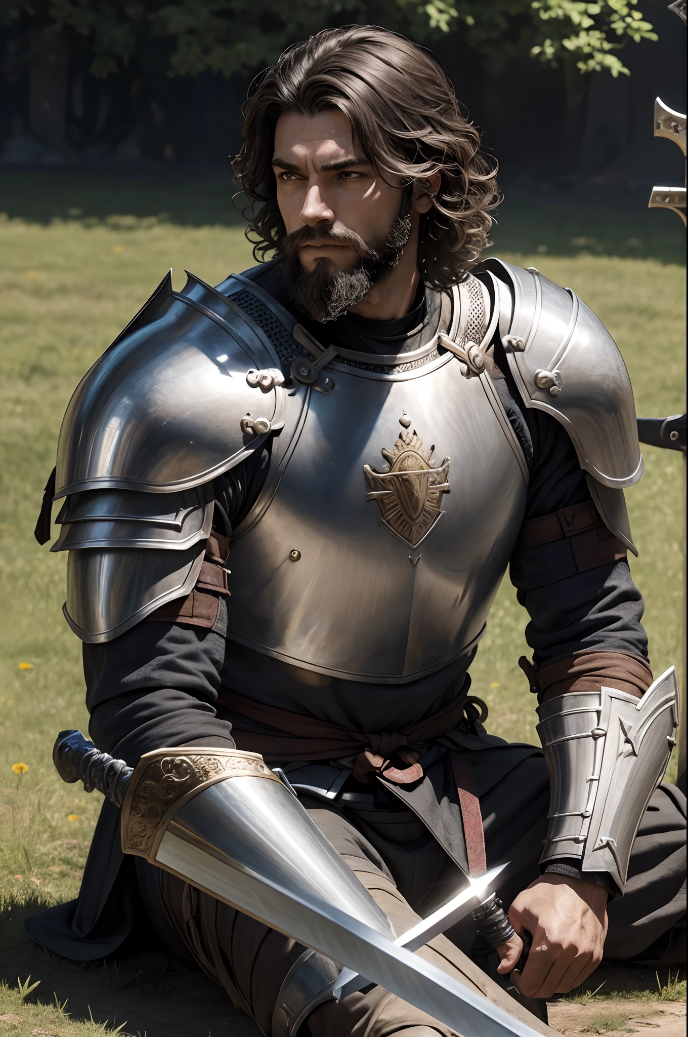 Man sitting on the ground, looking at ground, muscular tired, droped sword, short hairs, curly hairs, short beard, gray hairs, ancient knight Armor, sunny day, sunlight, shining Armor, shining sword, war land, wallpaper, Inspired by kingdom of heaven
HDR, UHD, 4k, High quality details