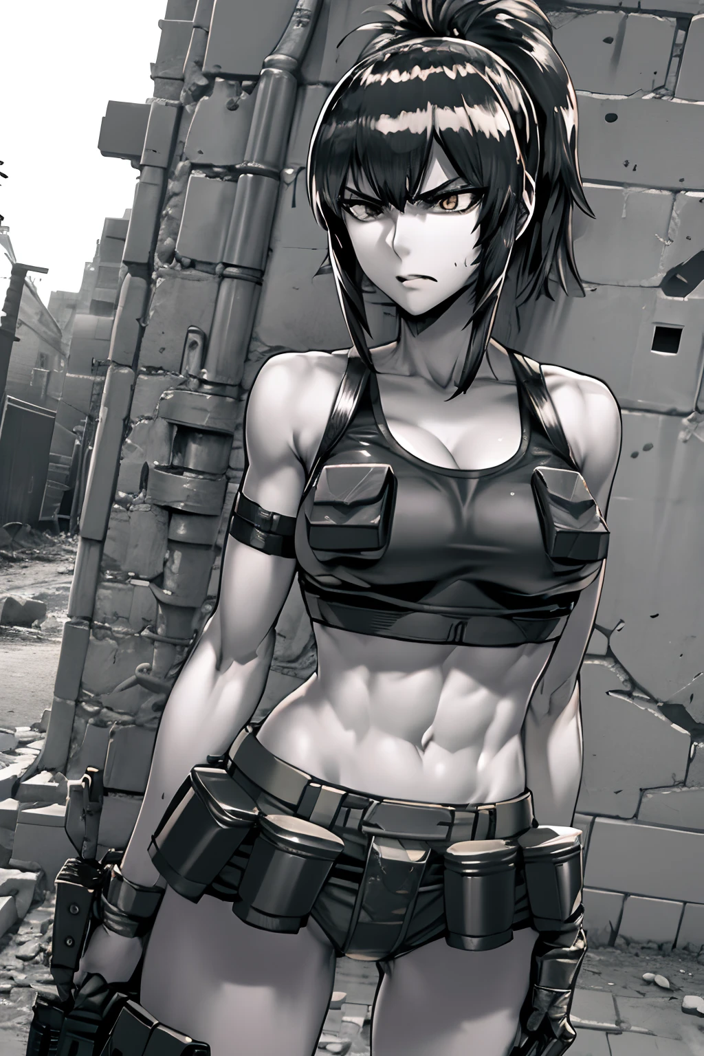 sport bra and panty, serious, dominant, seductive, sexy, military, desert. Cammo, Tactical. Armor, bulletproof vest.