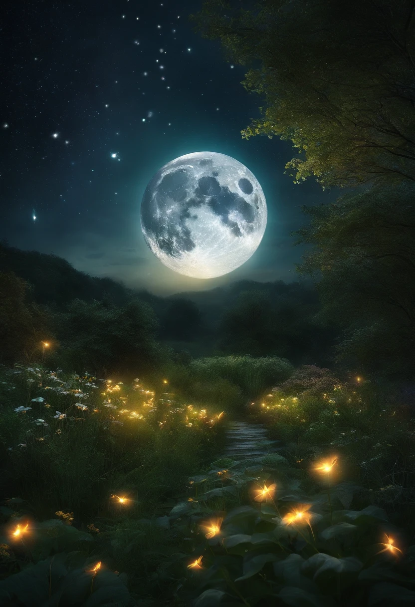 In the middle of a charming garden,Glowing and shining fireflies dance to the gentle sound of the moon.