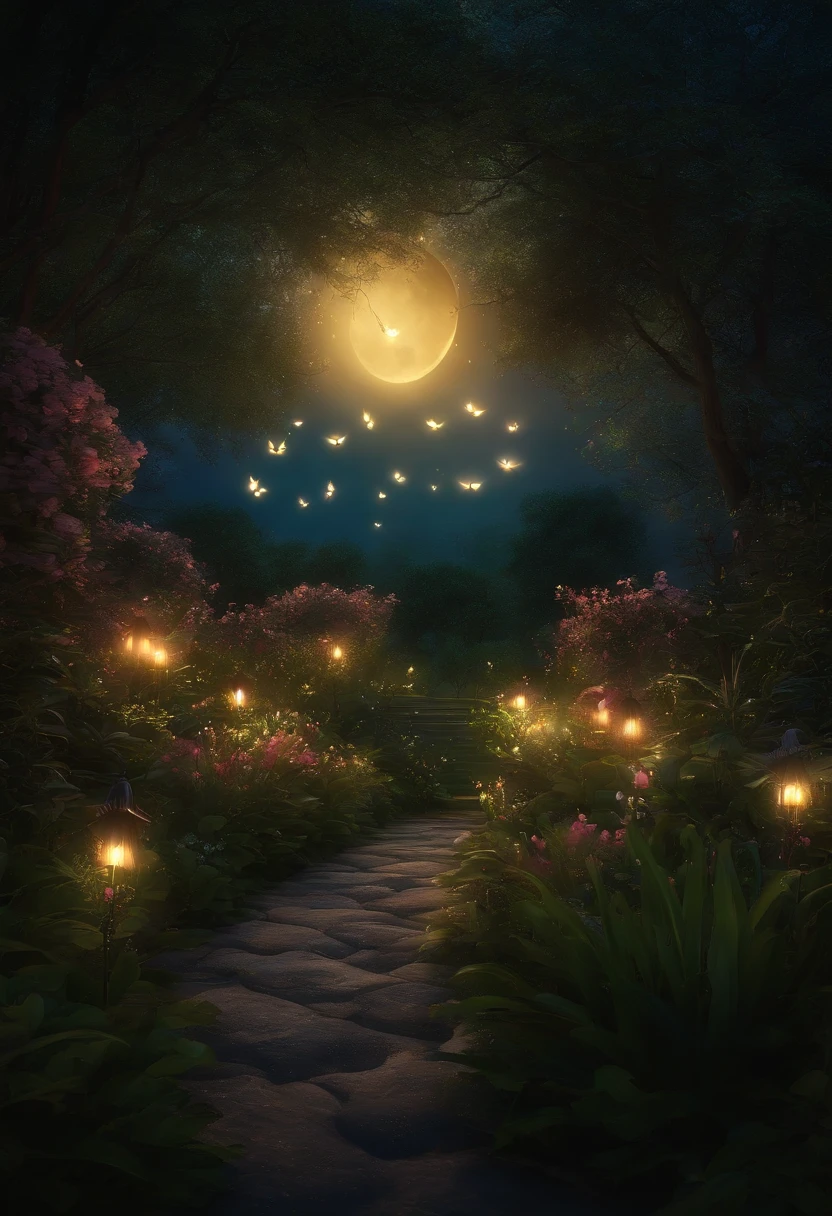 In the middle of a charming garden，Glowing and shining fireflies dance to the gentle sound of the moon.