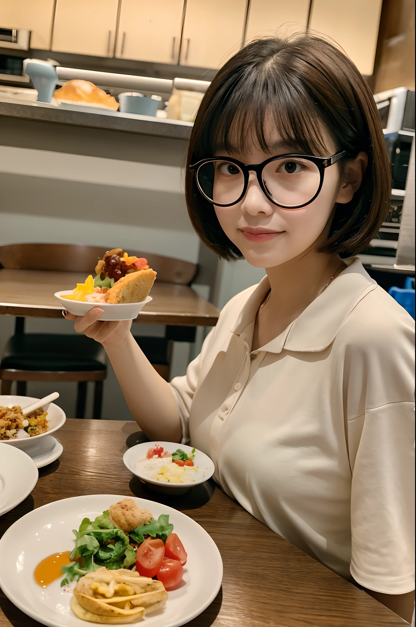 There is a woman sitting at a table with a plate of food, 小さな丸いWearing glassesいる, 丸いWearing glassesいる女の子, 薄くて大きな丸いWearing glassesいる, Wide-angle portrait, Portrait Fashion Photography, girl Wearing glasses, Not blurry, Short hair, 8K Selfie, Portrait Photography, Wide-angle portrait, Wearing glasses, Photo of your face, Portrait Shot、((Spread your legs wide:1.45))、((Sex is down:1.25))、