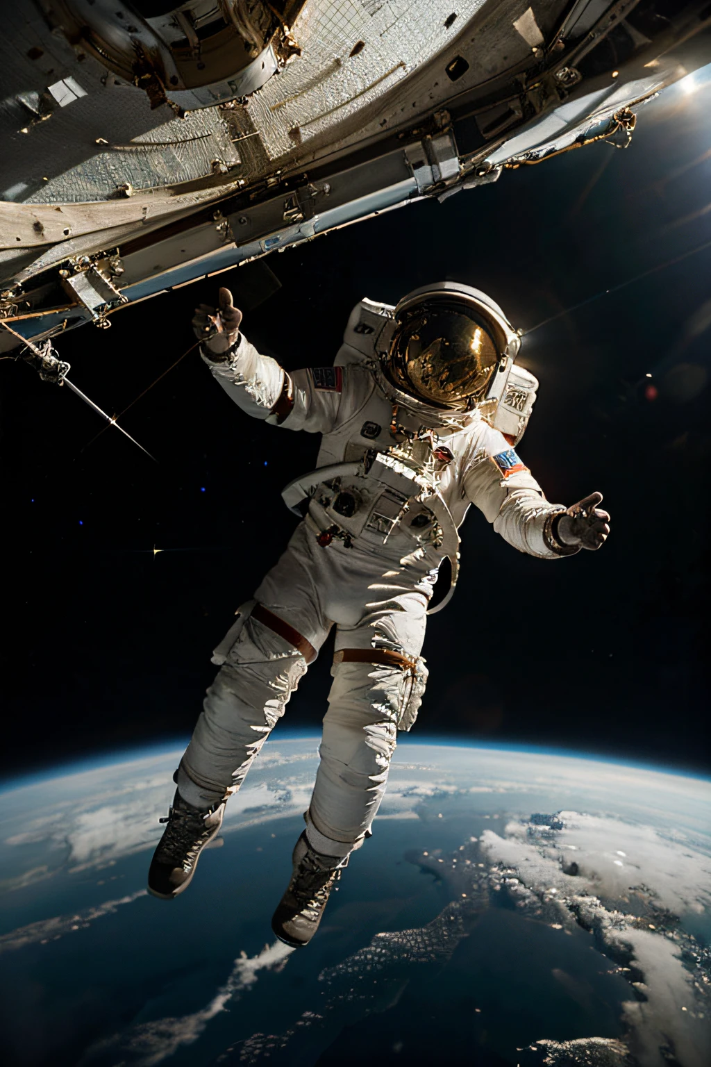 Imagine an astronaut outside the space station during a spacewalk, skillfully repairing a solar panel with tools in hand. Depict the breathtaking view of Earth below and the astronaut's determined expression as they work against the backdrop of the cosmos.