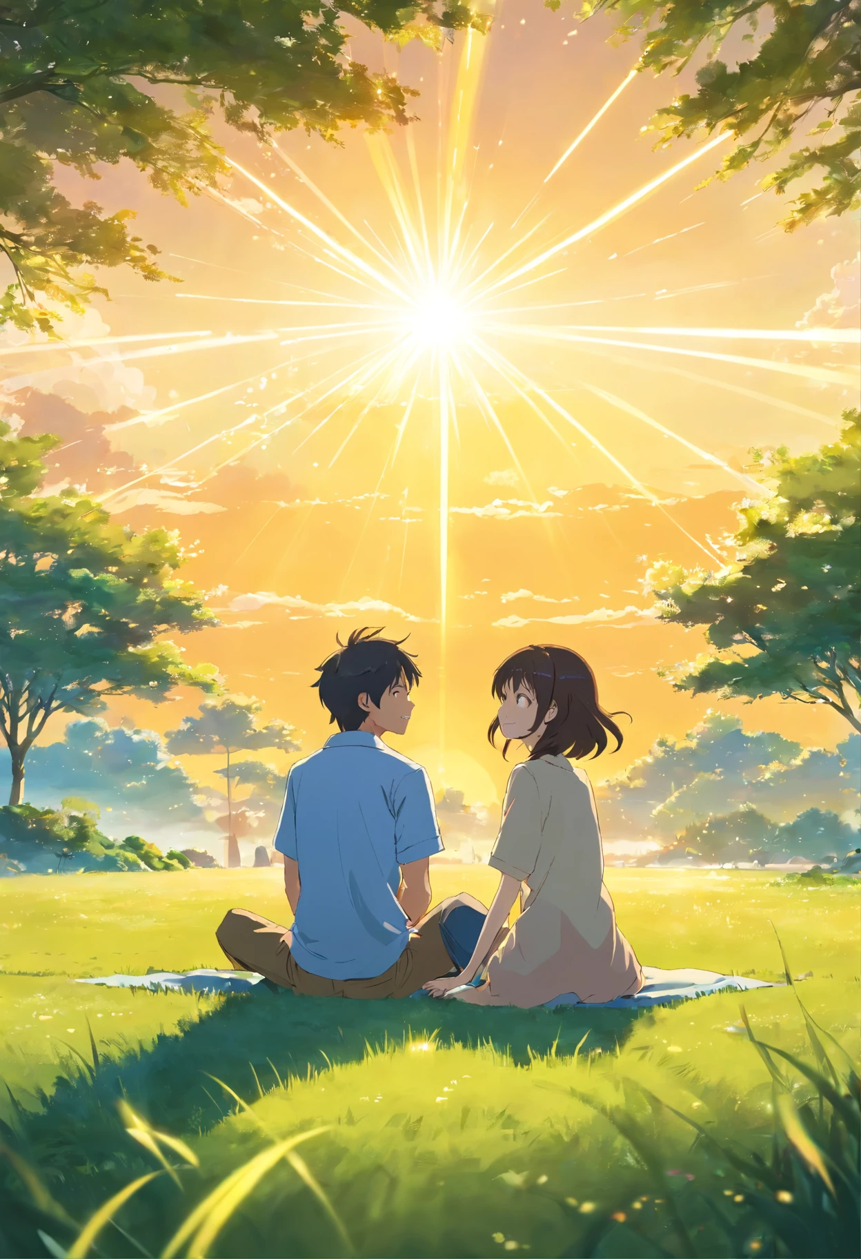 Happy man and woman, sitting on grass, rays of sun