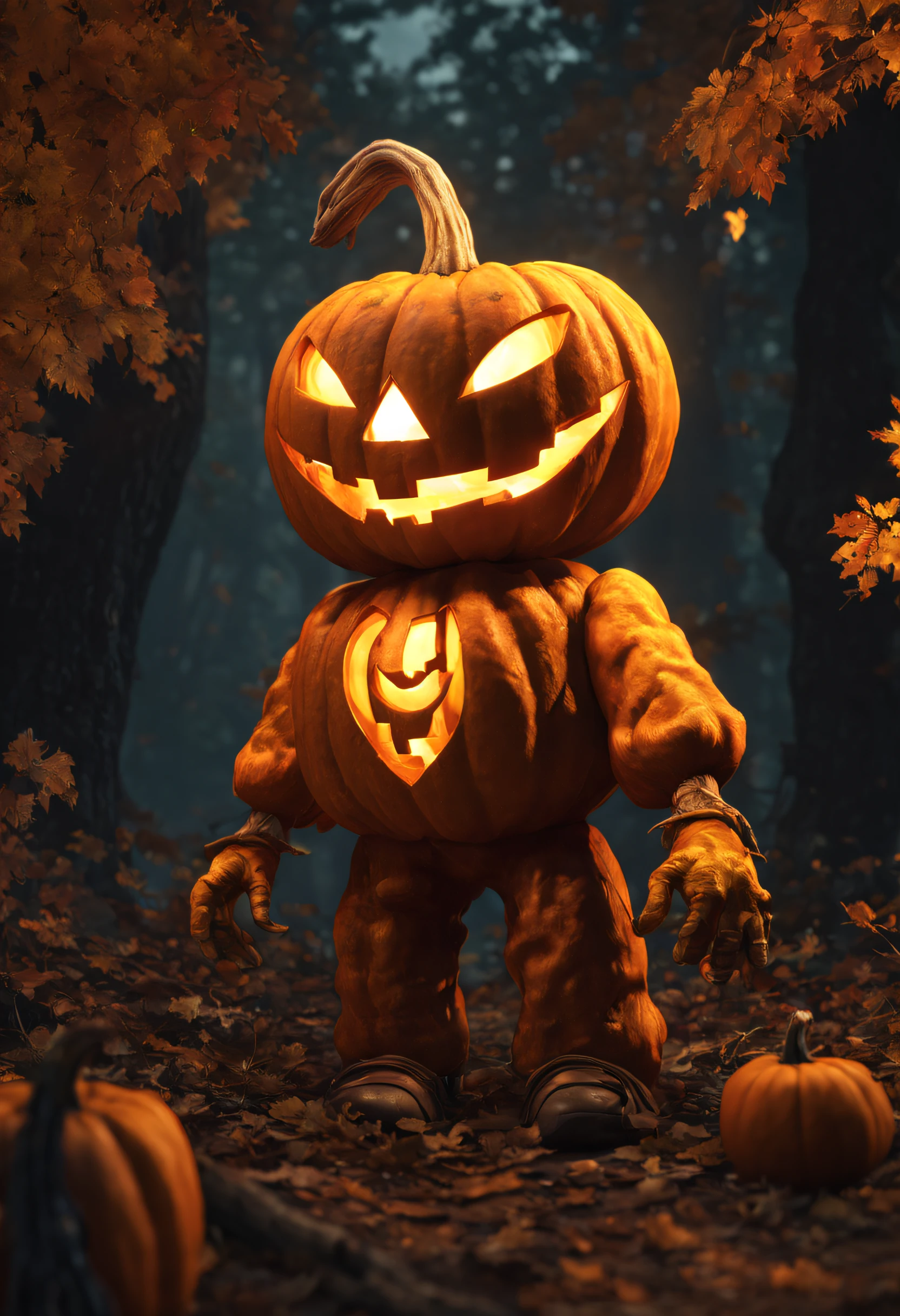jack-o-lantern anthropomorphic, gloomy, Cheiron Crush, illustration, ultra wide-angle, Octane rendering, Faded, items, psychedelic colors, surrealism, Museum lighting, Ultra-realistic, highly detailed, natural lighting, forest environment, Unreal engine, 8k