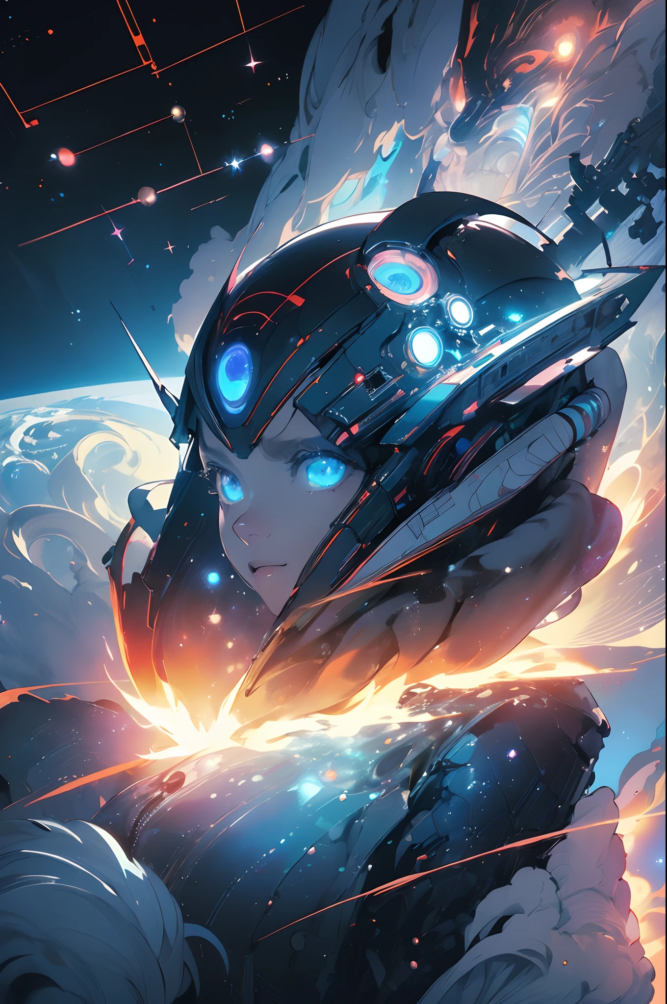 (tmasterpiece、top-quality、top-quality、offcial art、The is very detailed、aestheticly pleasing:1.2)、(1girl in),cosmic space、cyber punk perssonage、Future space combat suit、((Starcloud))、Delicate light、intuitive、Precise focus、cinema4d、Dramatic、