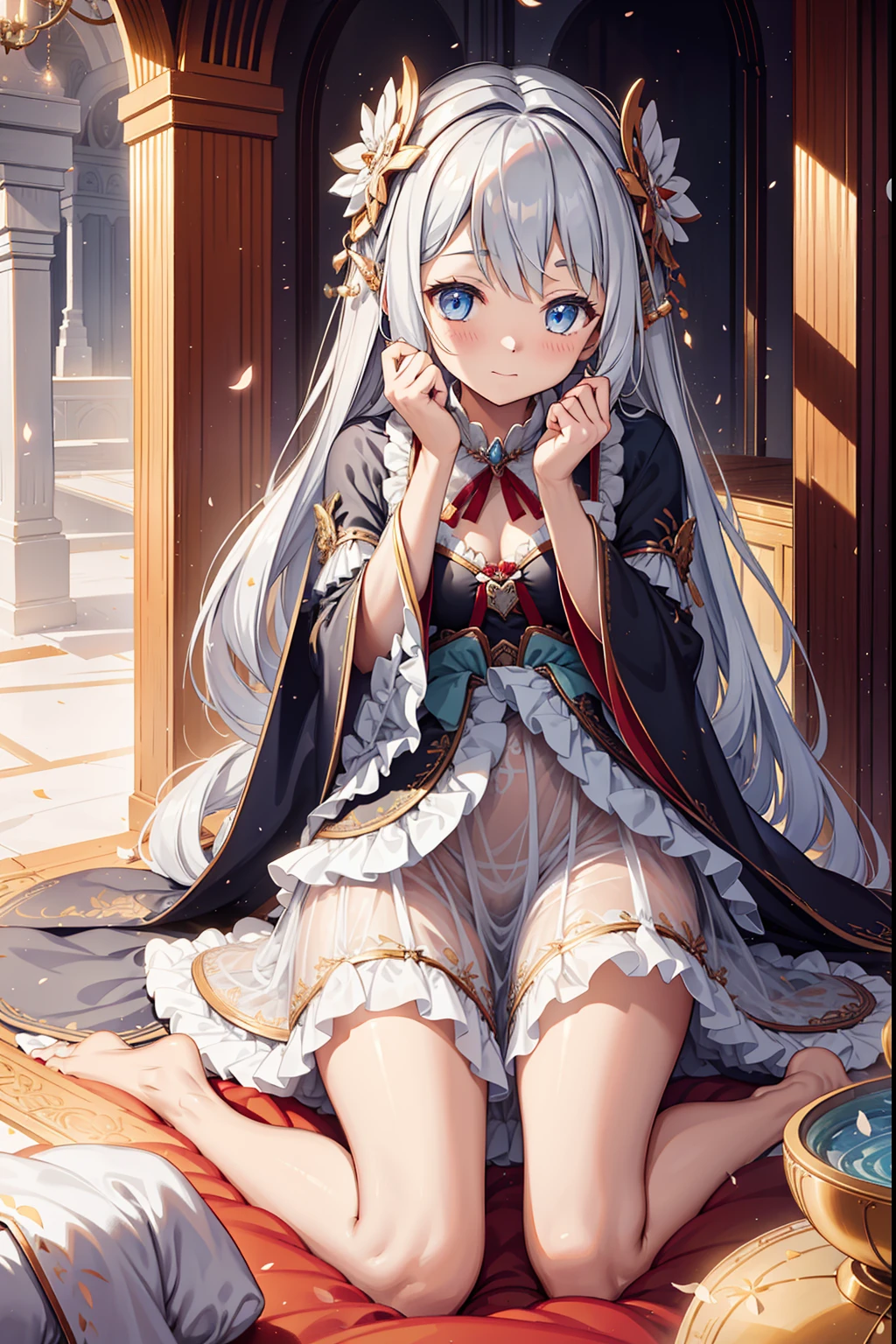 solo person,the night,inside in room,An expectant expression,Cute loli girl,See-through Pajamas,see-through sleeves,Enchanted,Petal edges,Light colors,downy,Divine decoration,Sacred motifs,Lace,Ruffles,extremely detailed CG 8k wallpaper,best qualtiy,tmasterpiece,A high resolution,Delicate and beautiful face,intricate detailed clothes