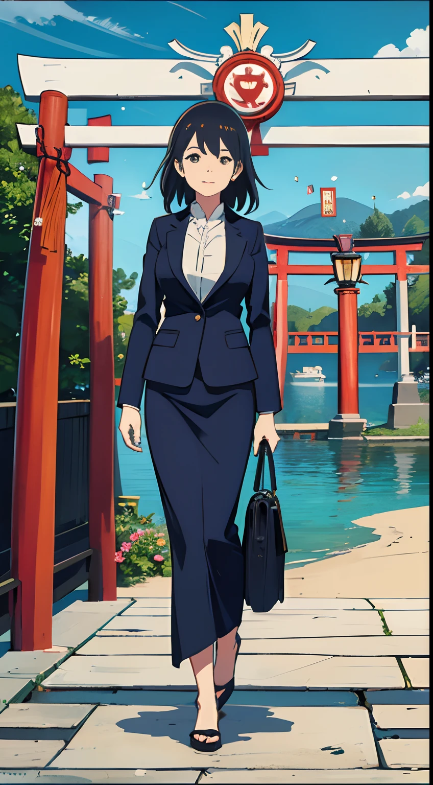 Mature woman, half Asian, half European, wearing office suit, secretary, standing near European lake, one single torii gate in background, tarot card, f/1.8, bookeh