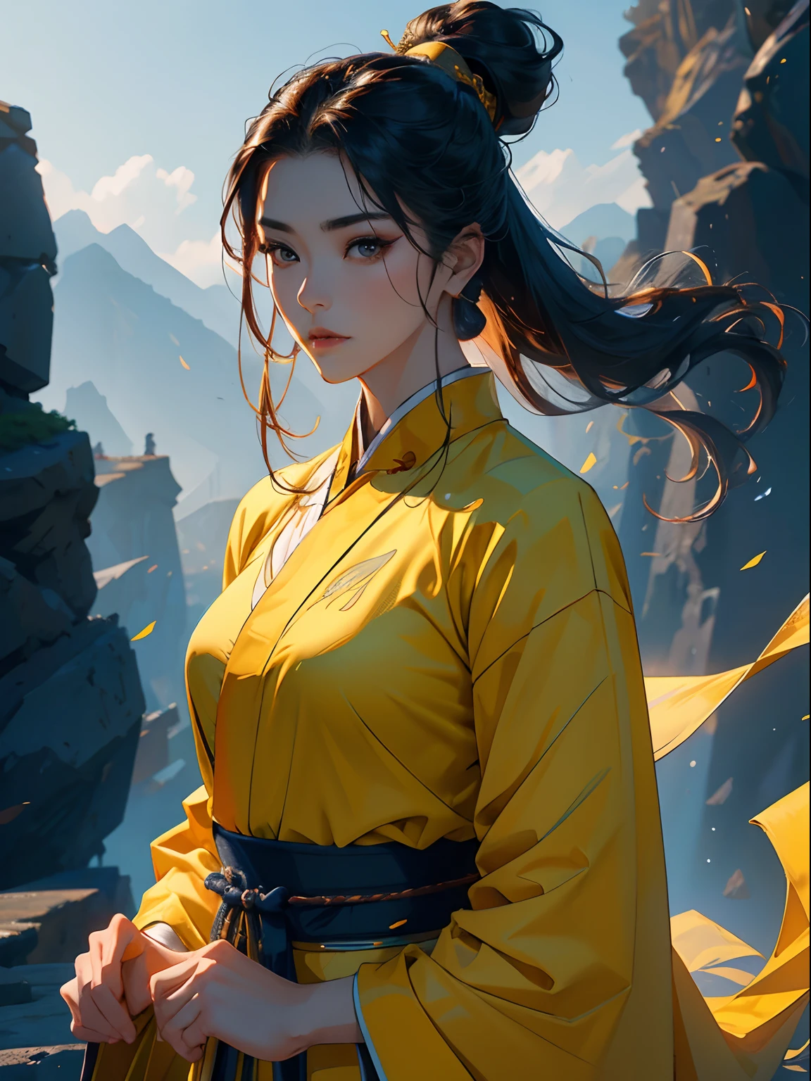 A woman who is，The head of martial arts，Upper body portrait，The body faces to the right，Yellow main color picture，hair flowing，Beautiful eyes，Ultra-clear image quality，8K，Wuxia style ancient costume，Yellow mountain peaks in the background