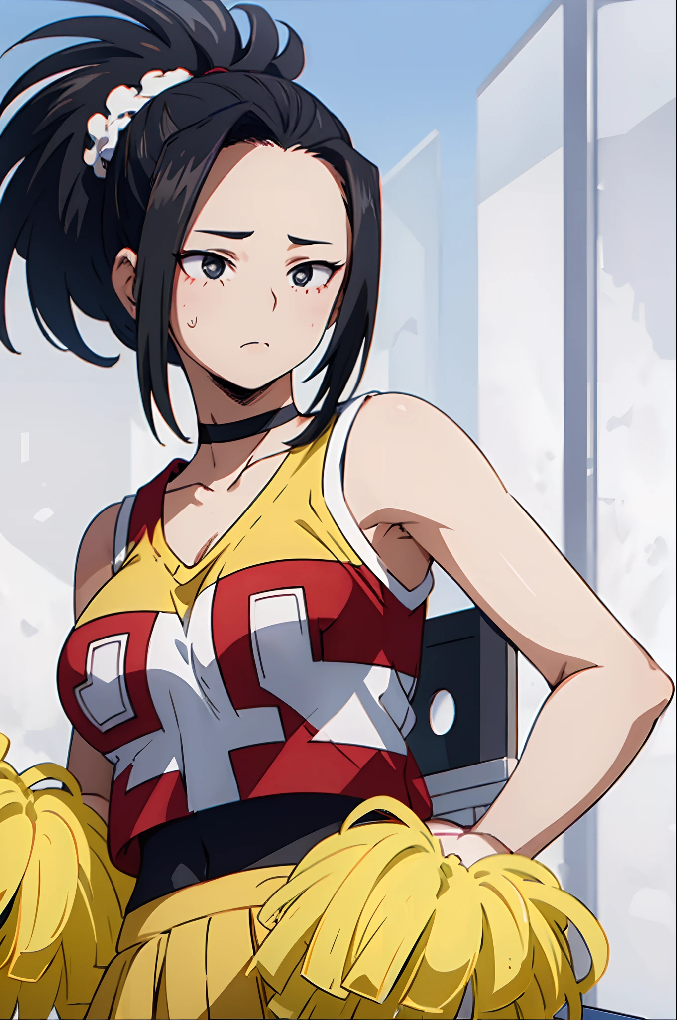 (((masterpiece))), YaoyoruzuMomo, 1girl, solo, looking at viewer, blush, large breasts, shirt, black hair, white background, holding, bare shoulders, closed mouth, collarbone, upper body, ponytail, sleeveless, choker, black eyes, crop top, cheerleader, pom pom (cheerleading), hair pulled back,