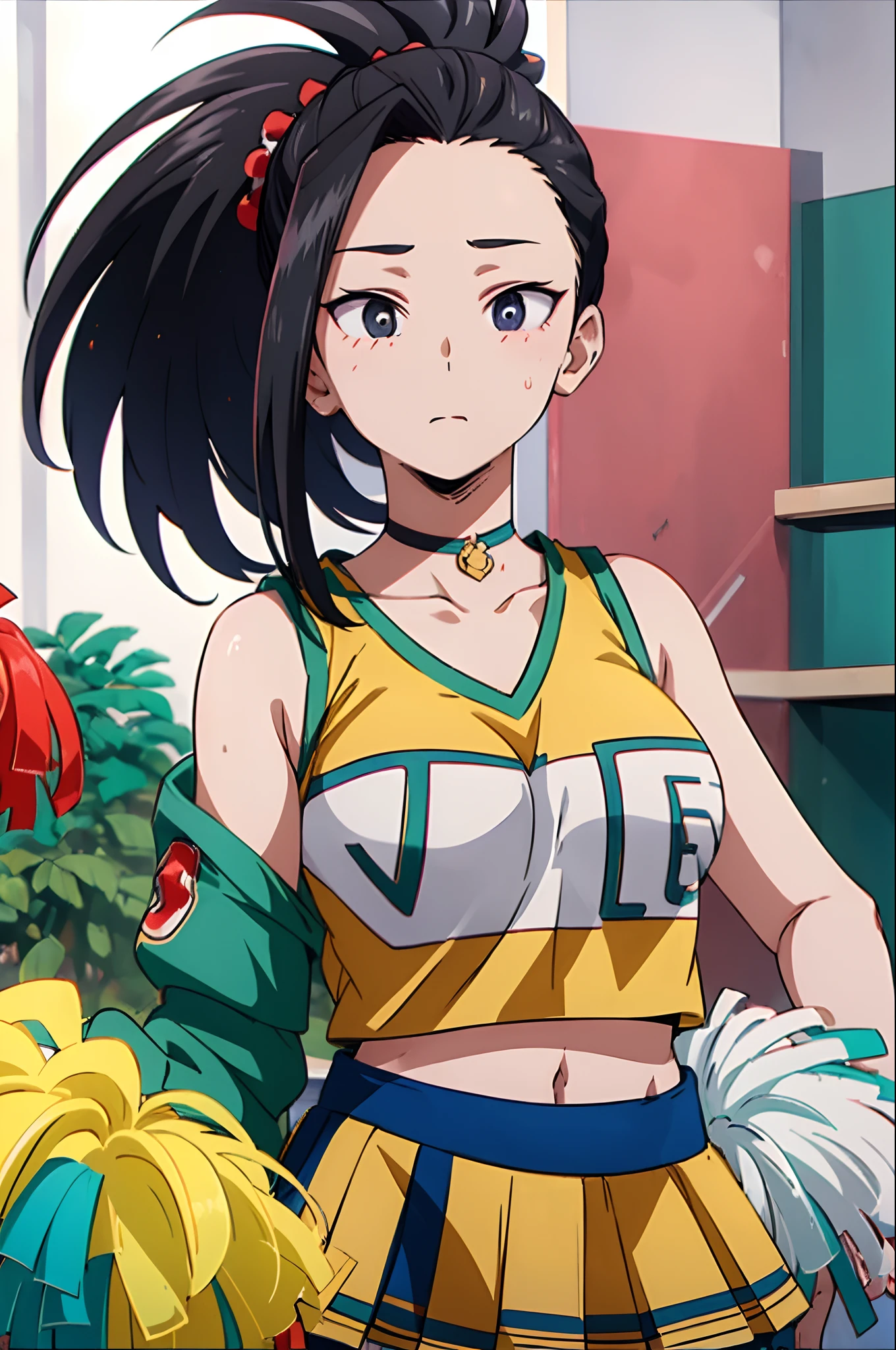 (((masterpiece))), YaoyoruzuMomo, 1girl, solo, looking at viewer, blush, large breasts, shirt, black hair, white background, holding, bare shoulders, closed mouth, collarbone, upper body, ponytail, sleeveless, choker, black eyes, crop top, cheerleader, pom pom (cheerleading), hair pulled back,