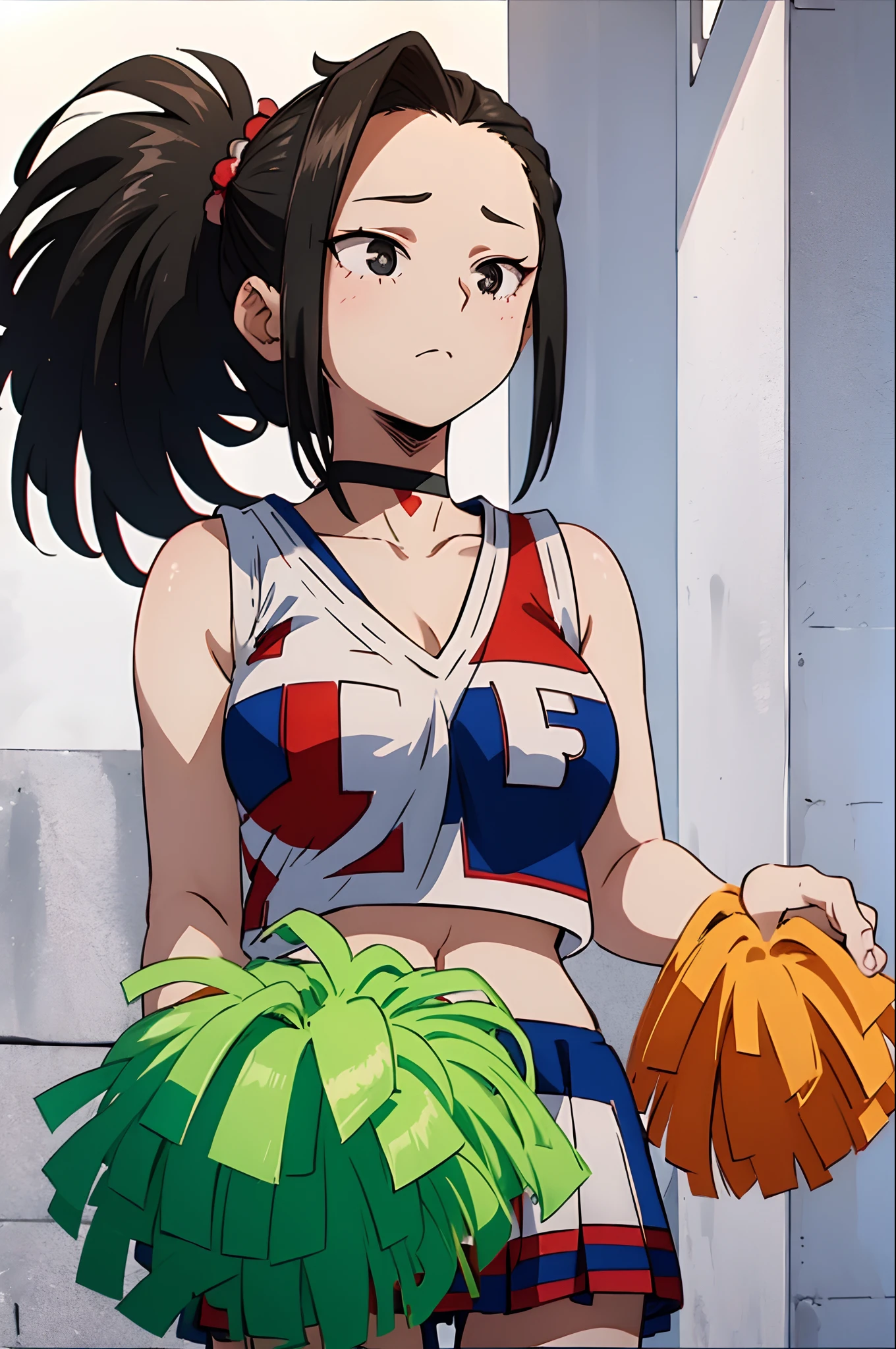 (((masterpiece))), YaoyoruzuMomo, 1girl, solo, looking at viewer, blush, large breasts, shirt, black hair, white background, holding, bare shoulders, closed mouth, collarbone, upper body, ponytail, sleeveless, choker, black eyes, crop top, cheerleader, pom pom (cheerleading), hair pulled back,