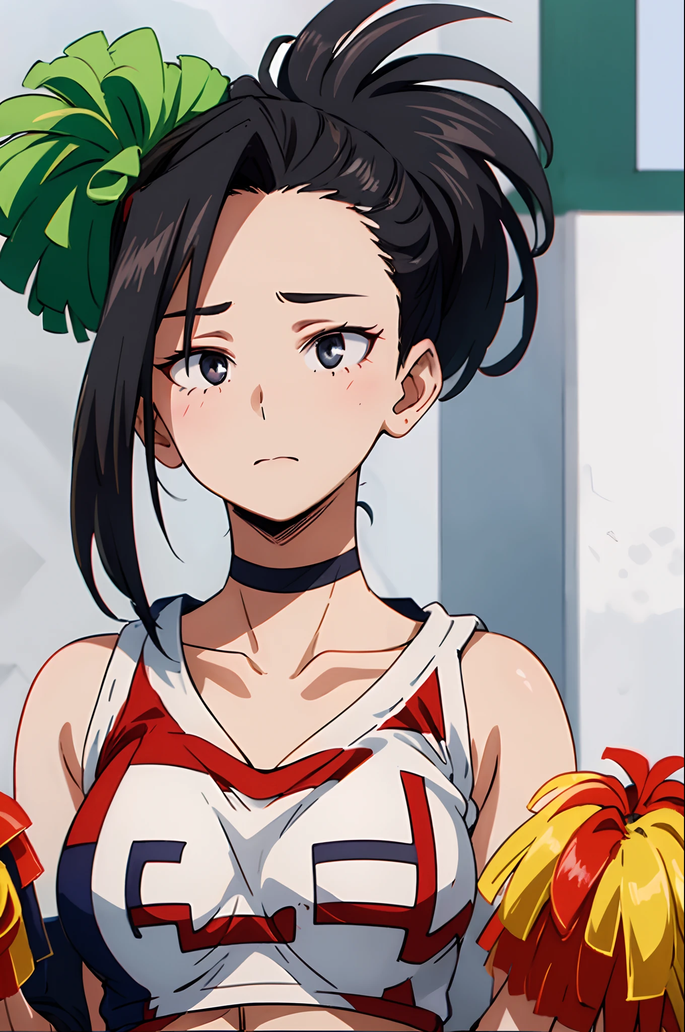 (((masterpiece))), YaoyoruzuMomo, 1girl, solo, looking at viewer, blush, large breasts, shirt, black hair, white background, holding, bare shoulders, closed mouth, collarbone, upper body, ponytail, sleeveless, choker, black eyes, crop top, cheerleader, pom pom (cheerleading), hair pulled back,