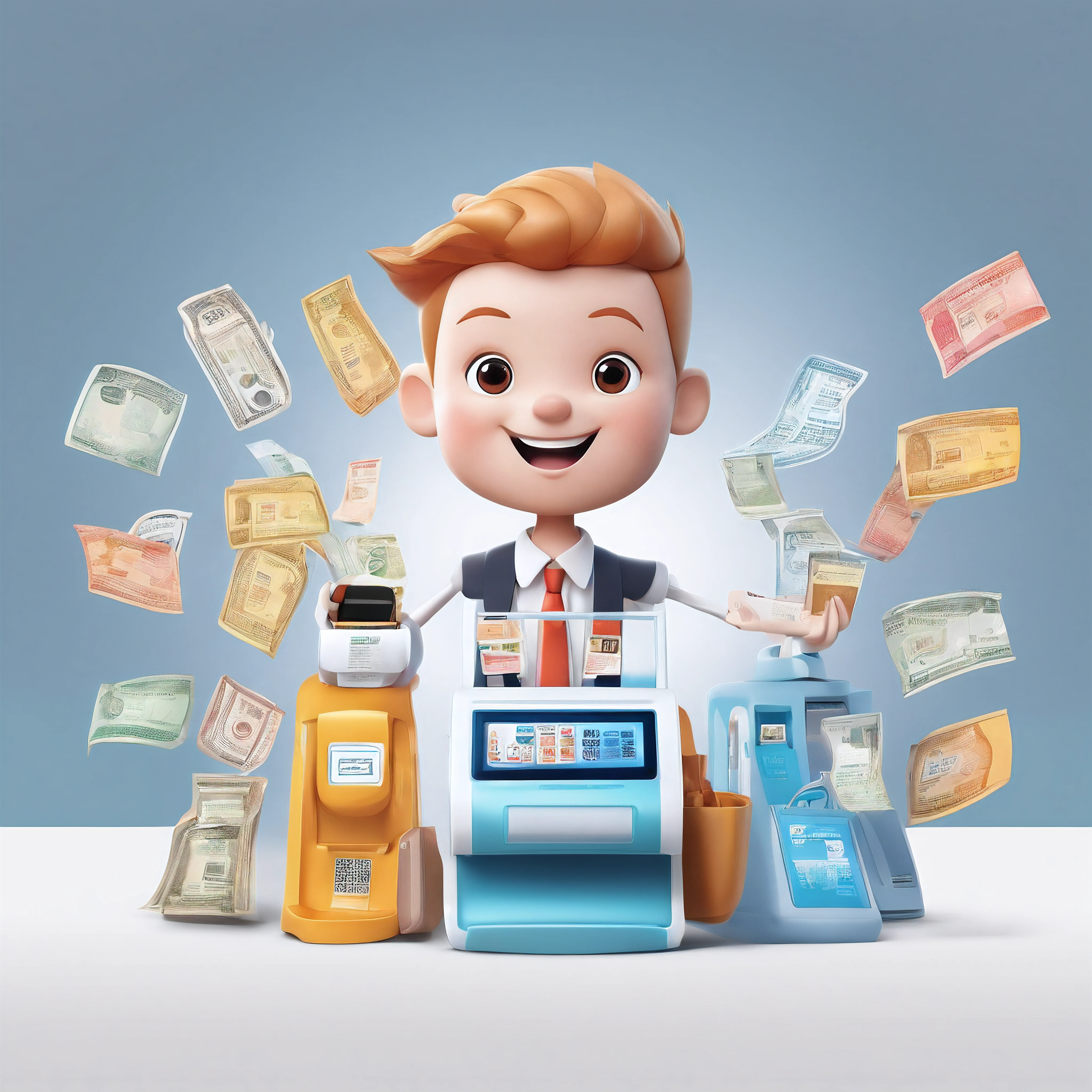 Promotion poster,A white background, cute cartoon characters, one character holding a mini POS machine,Matching payment industry scripts