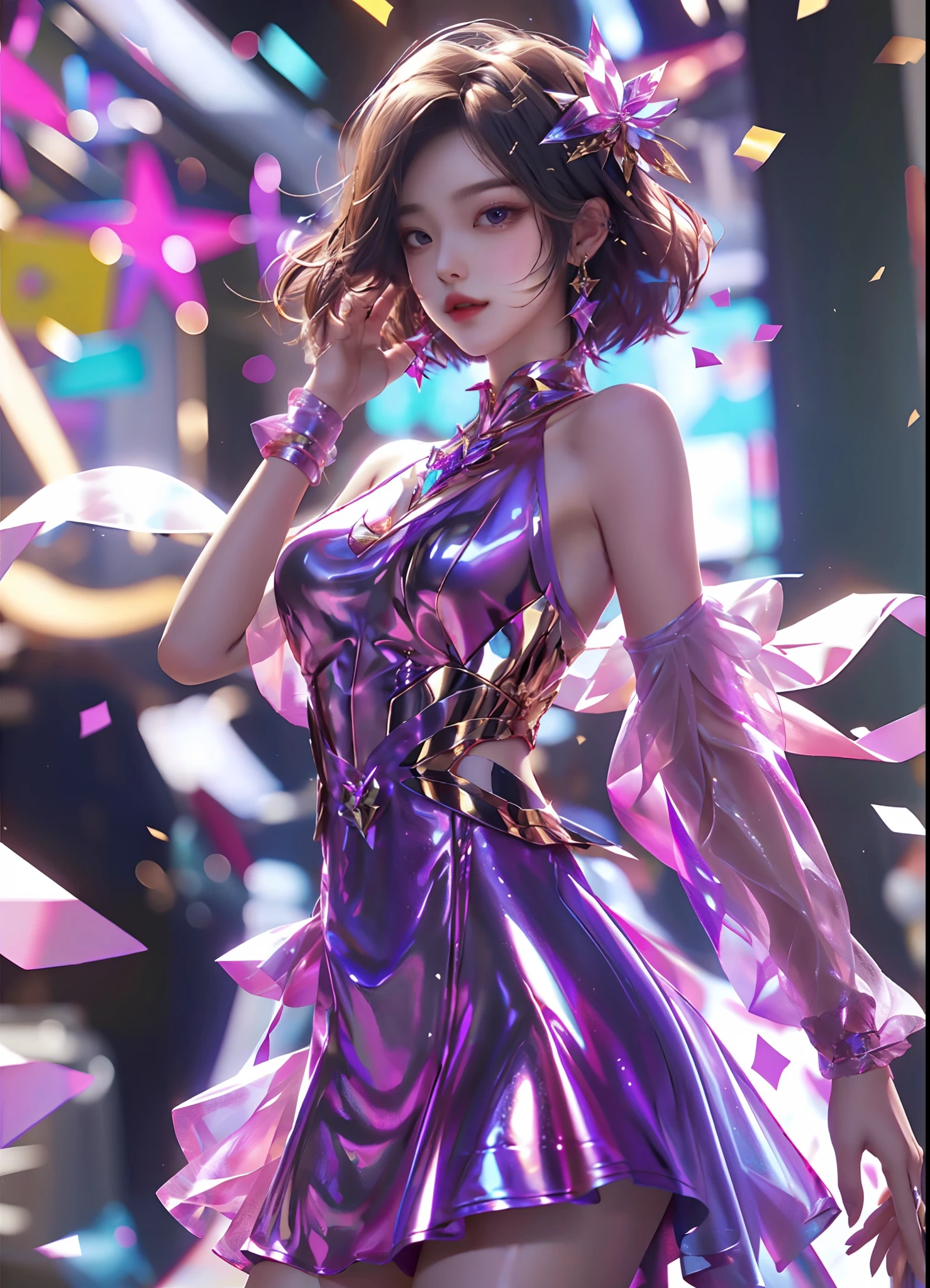 best quality, 1girl, kda, solo, long hair, short hair, dress,