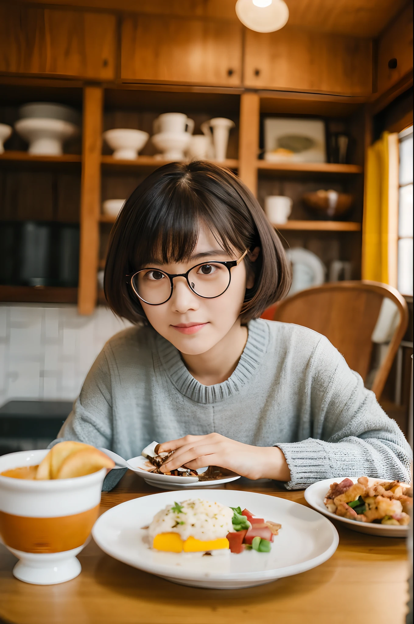 there is a woman sitting at a table with a plate of food, wearing small round glasses, girl wearing round glasses, wearing thin large round glasses, wideangle portrait, portrait mode photo, girl with glasses, non blurry, with short hair, 8k selfie photograph, photo portrait, wide - angle portrait, with glasses, face photo, portrait shot 8 k