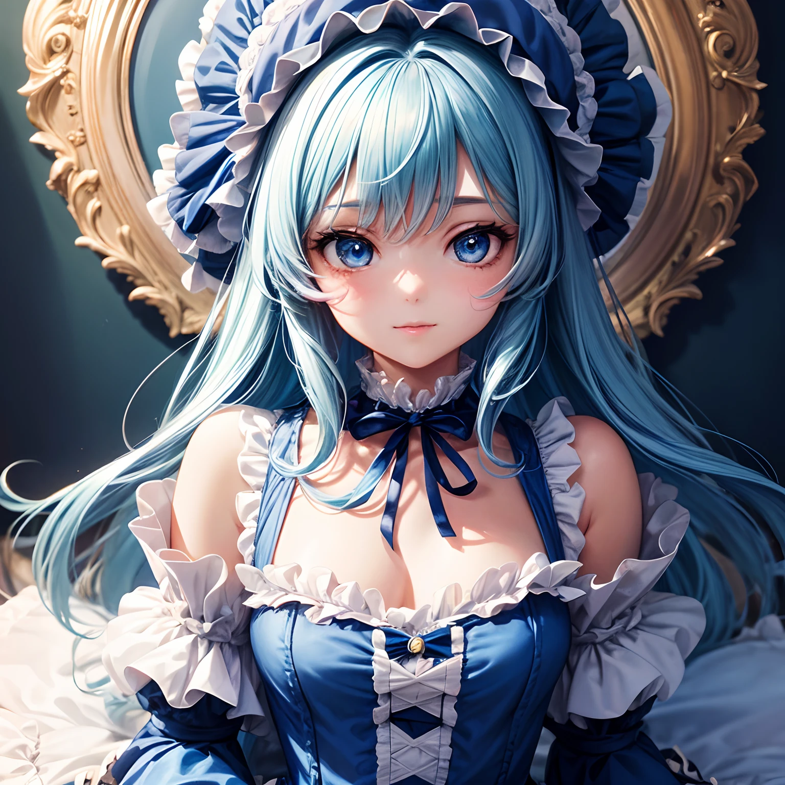 score_9, score_8_up,score_7_up, masterpiece, best quality, perfect anatomy, very aesthetic, 8k,privaty (nikke), twintails, highres, 1girl, yellow eyes, large breasts, looking at viewer, character: privaty (unkind maid) (nikke), very long hair, absurdres, white gloves, maid headdress, elbow gloves, blue hair, cat ears, open mouth, cleavage, long hair