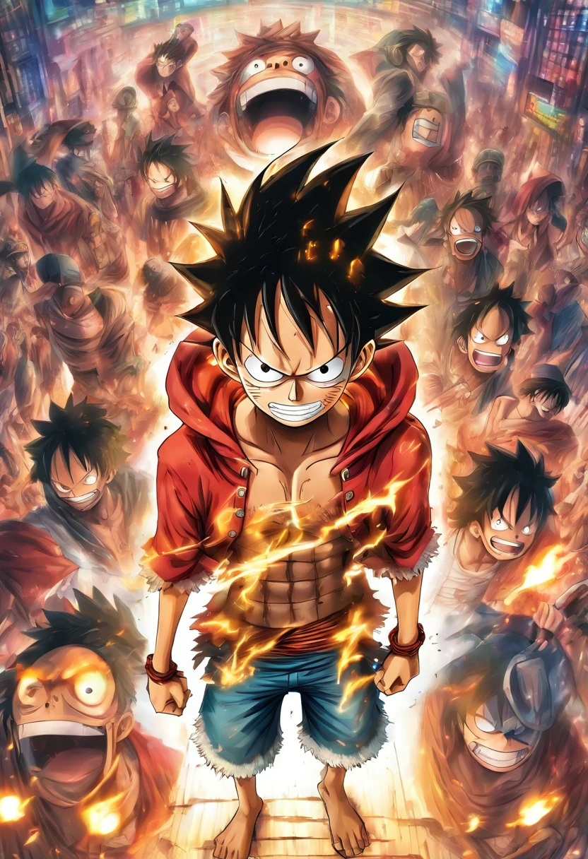 Monkey D Luffy in anime in the middle with his back turned against the viewer he has expressions and poses of confusion and despair he is being surrounded by many invisible screens he is wearing a hoodie it’s a cyberpunk environment the background is white the male wearing headphones