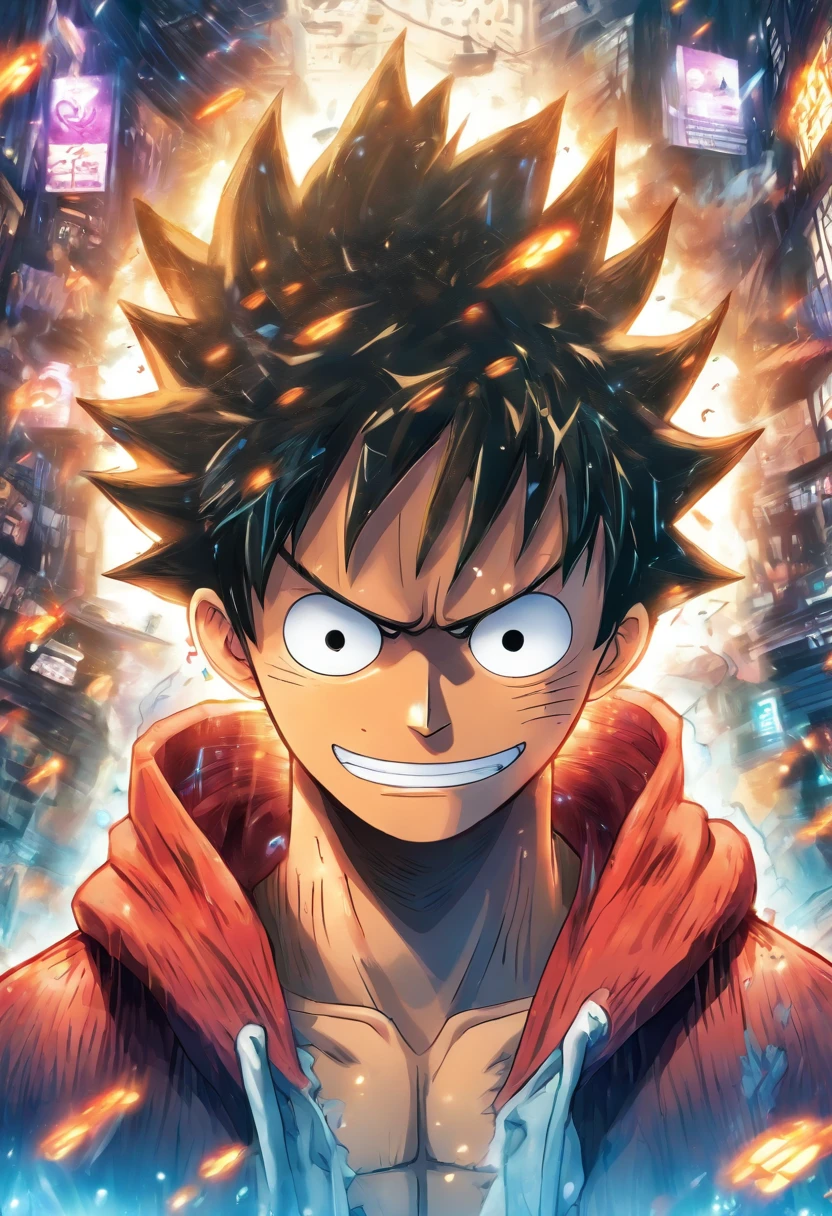 Monkey D Luffy in anime in the middle with his back turned against the viewer he has expressions and poses of confusion and despair he is being surrounded by many invisible screens he is wearing a hoodie it’s a cyberpunk environment the background is white the male wearing headphones