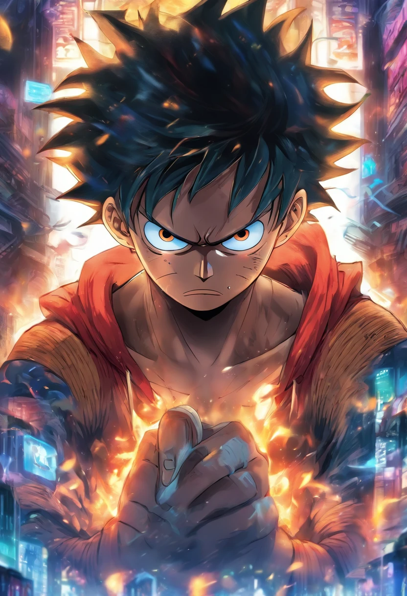 Monkey D Luffy in anime in the middle with his back turned against the viewer he has expressions and poses of confusion and despair he is being surrounded by many invisible screens he is wearing a hoodie it’s a cyberpunk environment the background is white the male wearing headphones