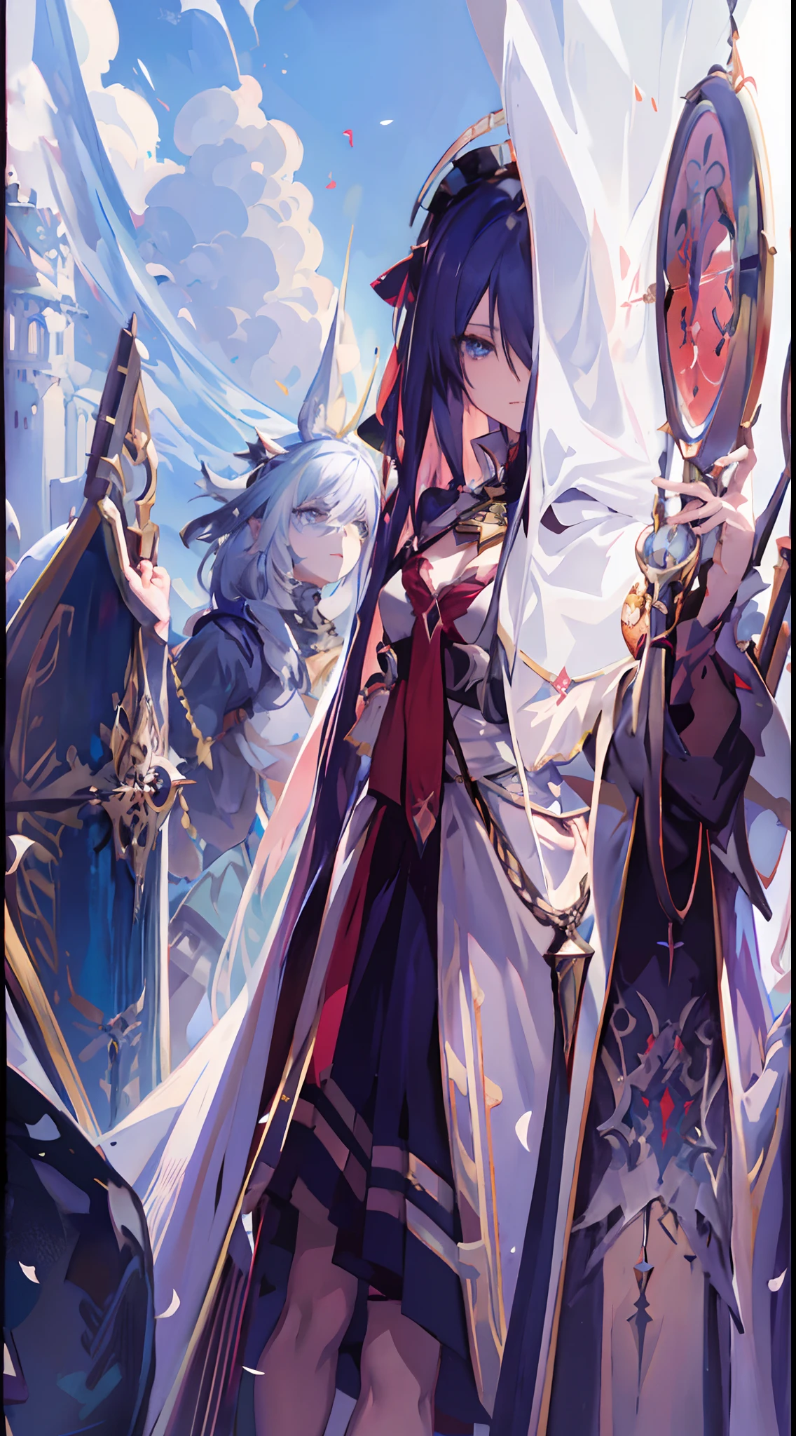 Anime - Stylistic image of two women dressed in medieval costumes and holding mirrors, Anime fantasy illustration, detailed anime art, From Arknights, Detailed key anime art, Detailed anime artwork, trending on artstation pixiv, Detailed digital anime art, Anime fantasy artwork, clean and meticulous anime art, beautiful fantasy anime, Epic light novel art cover, zerochan art, anime illustration