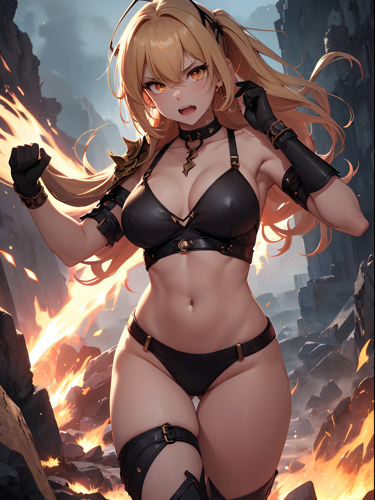 (top-quality、hight resolution、8k、Masterpiece、A collection of the latest technologies)。(Appearance of female warriors:The power of lightning in the right arm、The right arm emits light and burns black smoke due to high heat.、Curvaceous but slender、accessorized、mole、Eyebrows、double tooth、canine teeth、Fangs of the Beast、red blush、hair that stands on end、poneyTail、disheveled hair、Clear detailed yellow eyes、blondehair、a choker、 a necklace、arm band、Fleshy lips、Physical beauty、well-muscled、White T-shirt、Oversized jeans、unreal、Depiction in motion、angry expressions)、Background with:Volcanic fields with magma。Rubble and pebbles float up、They are floating all over her body。 Gain power comparable to God、Depict the moment of her readiness to face a vicious enemy from now on.。Backgrounds with depth、Magma visible in the distance、Sunlight shining in、Navel Ejection、View from the top of the volcano、